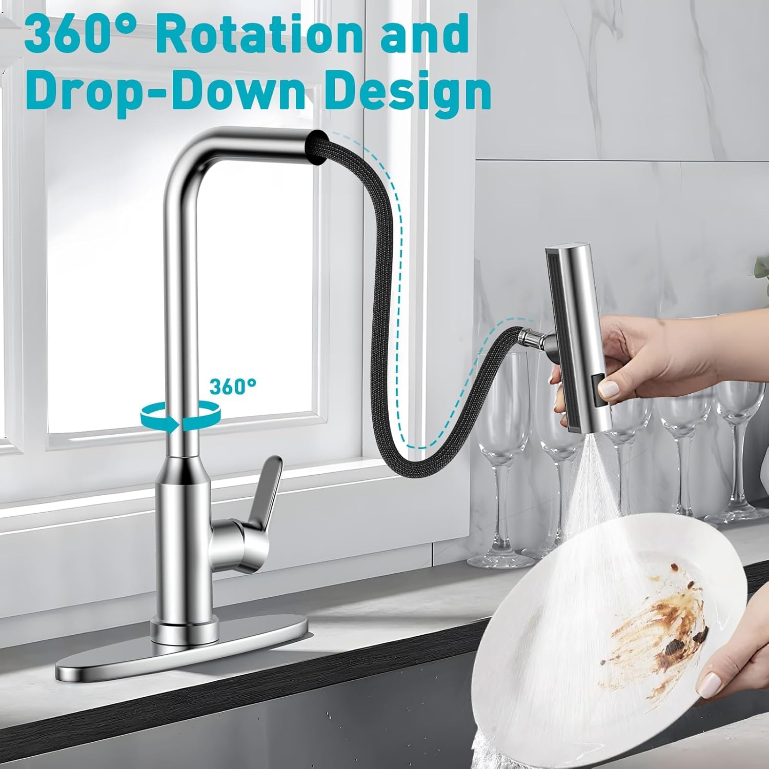 Tedflop Kitchen Faucet With Pull Down Sprayer - Stainless Steel Kitchen Sink Faucets 3 In 1 Function, Waterfall 360° Swivel Kitchen Faucet, Bar, Laundry, Rv,Farmhouse（Brushed）