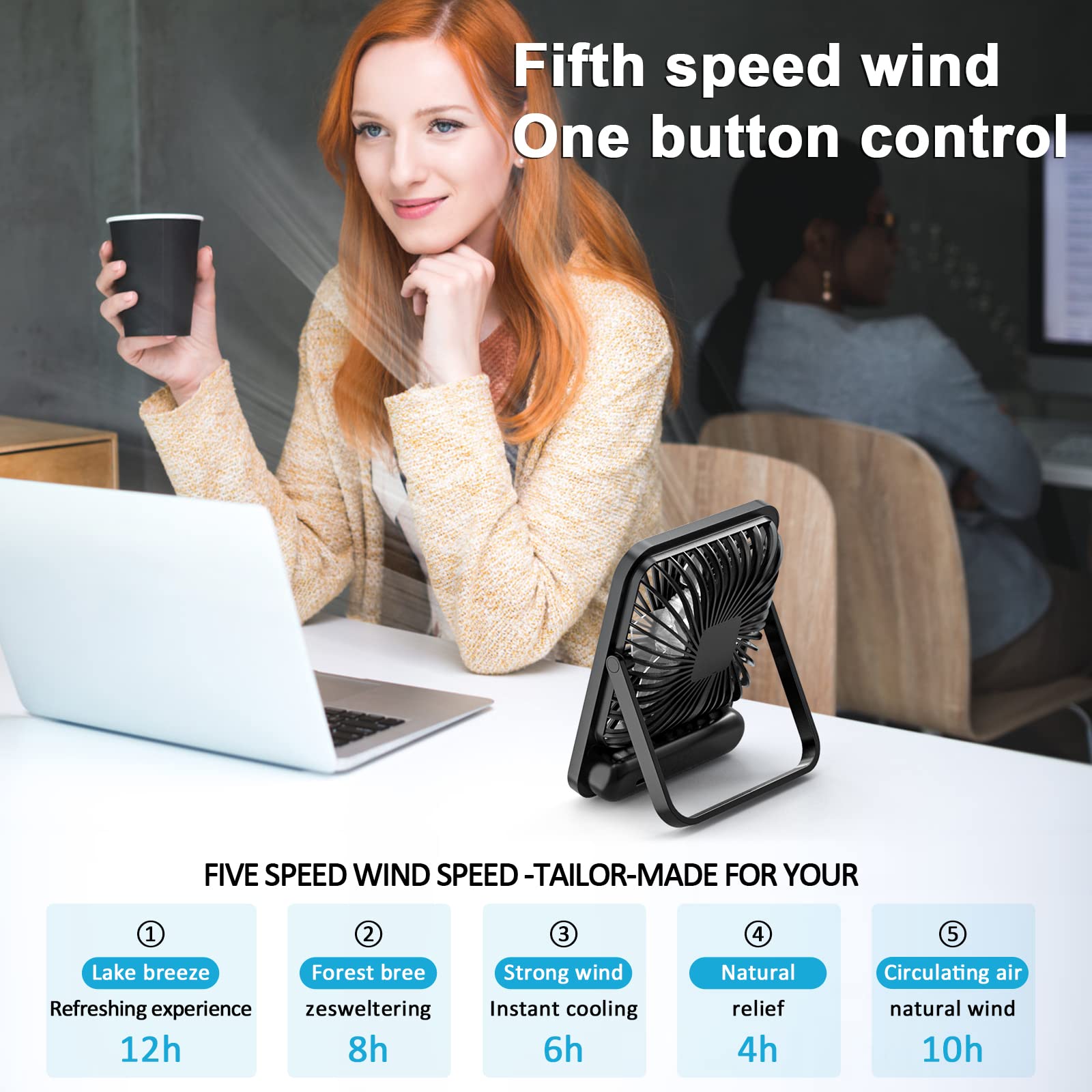 Desk Fan Battery Operated, Portable Usb Rechargeable Fan, 2000Mah 180° Tilt Folding Personal Fan