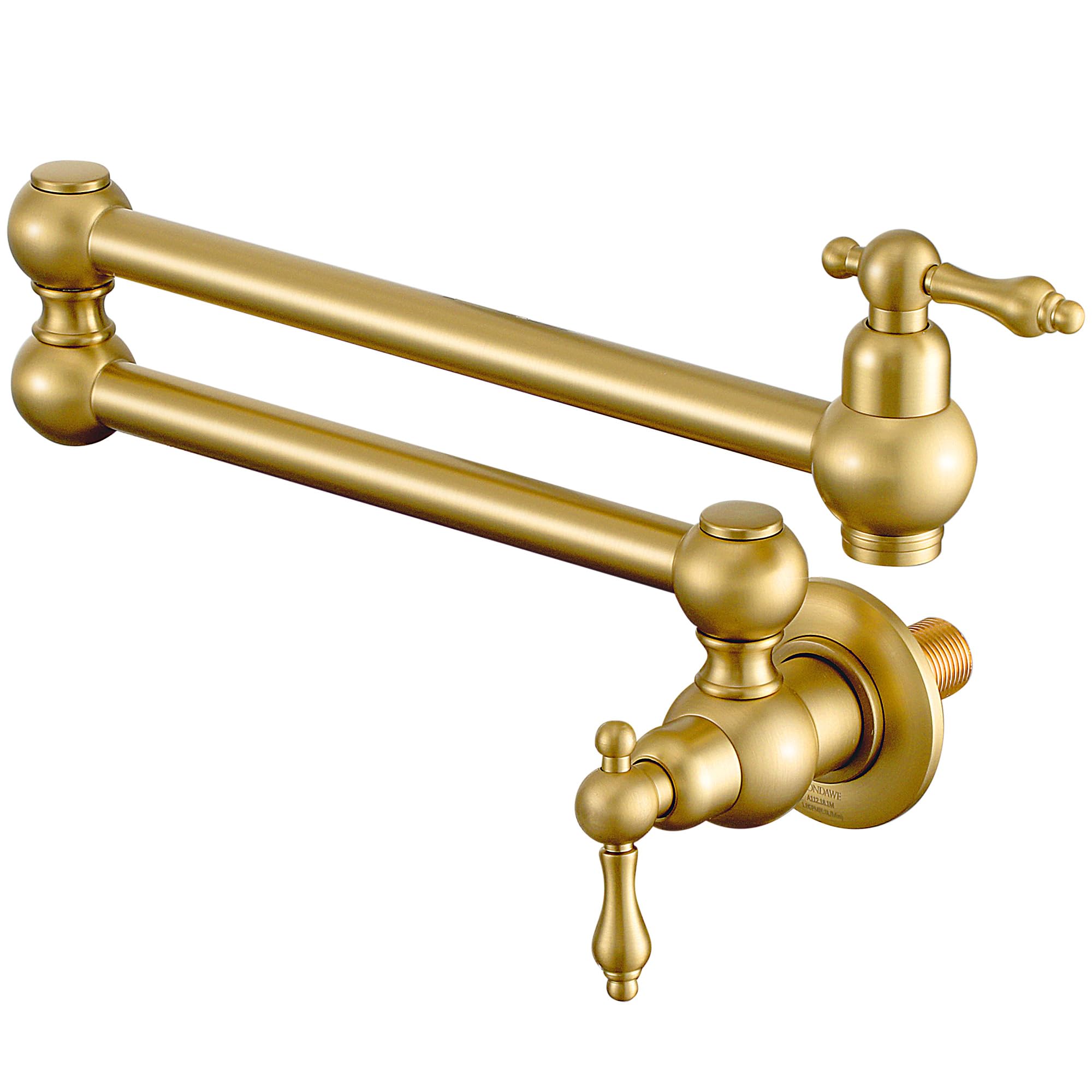 Mondawe Brushed Gold Pot Filler Faucet, Brass Wall Mount Stove Faucet, Double Handle Folding Pasta Faucet Over Stove, Kitchen Pot Faucet With Double Joint Swing Arms, 1.8 Gpm, 360°Rotation
