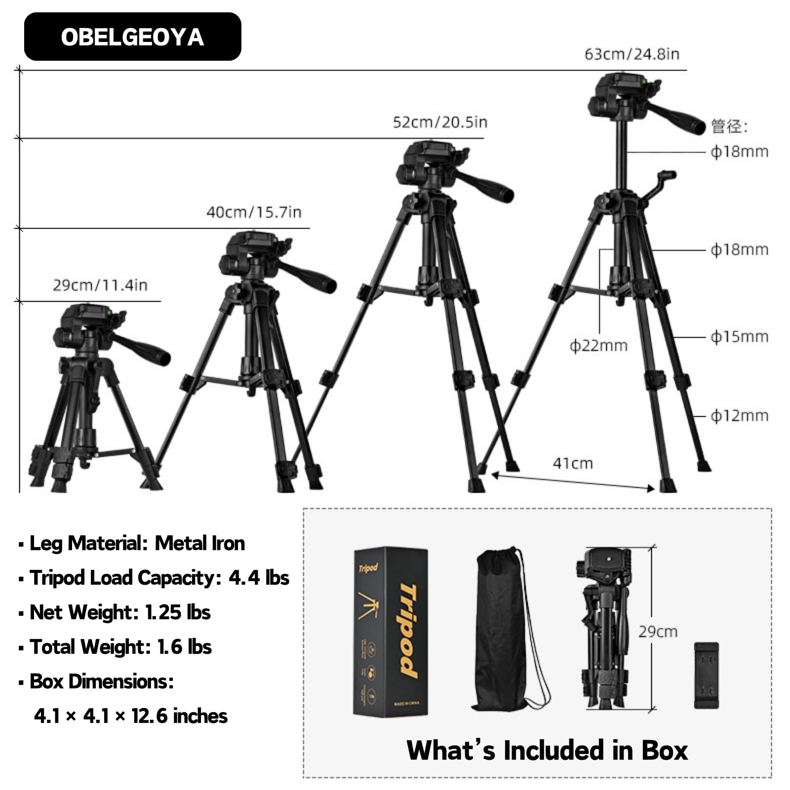 Obelgeoya 25” Tabletop & Travel Tripod, Metal Iron Camera Tripod For Dslr, Mirrorless Camera, Phone, Lightweight Tripod With 360-Degree Ball Head, Quick Release Plate, Phone Holder & Travel Bag(Black)