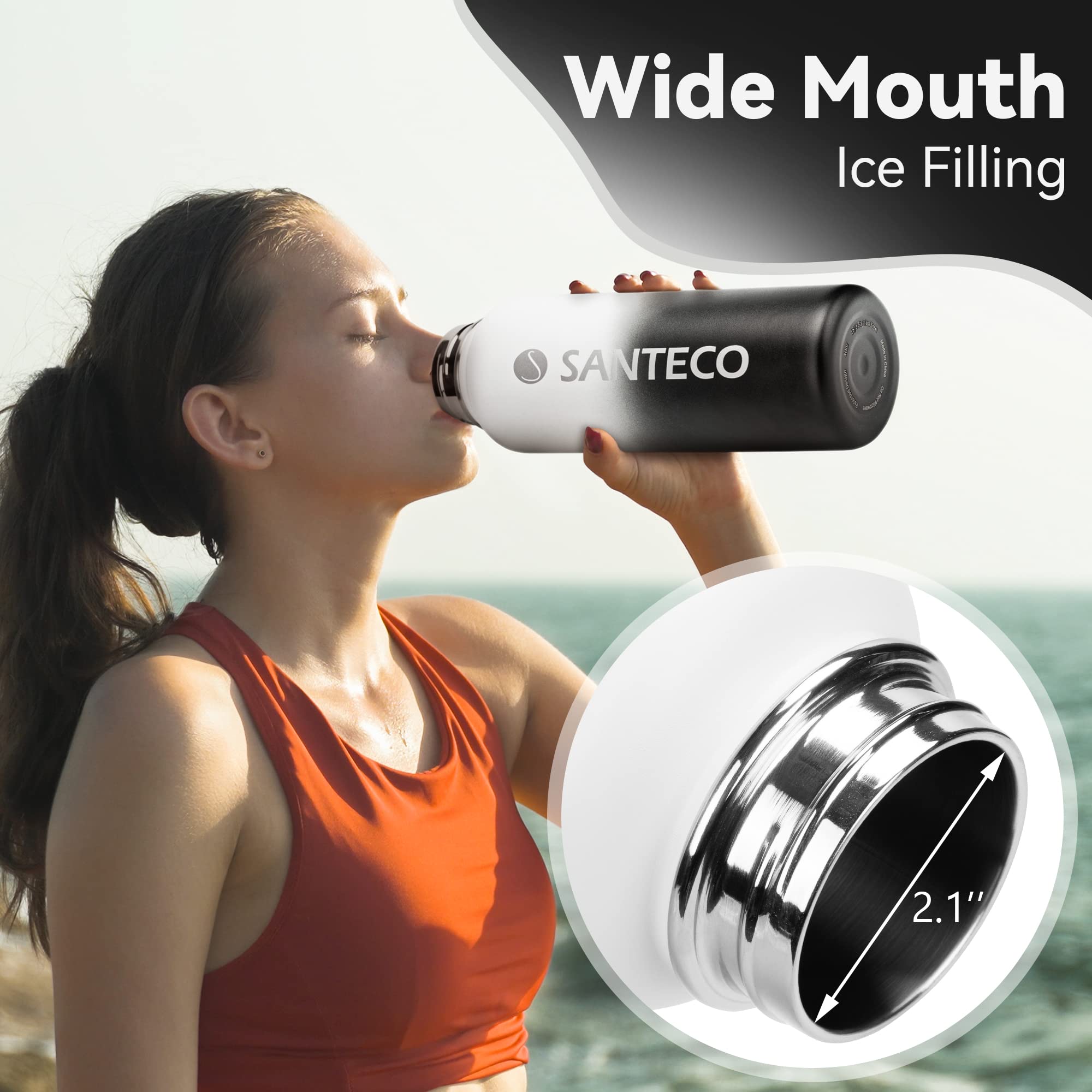 Santeco Water Bottle 40 Oz, Vacuum Insulated Stainless Steel Bottle With Straw Handle Lid