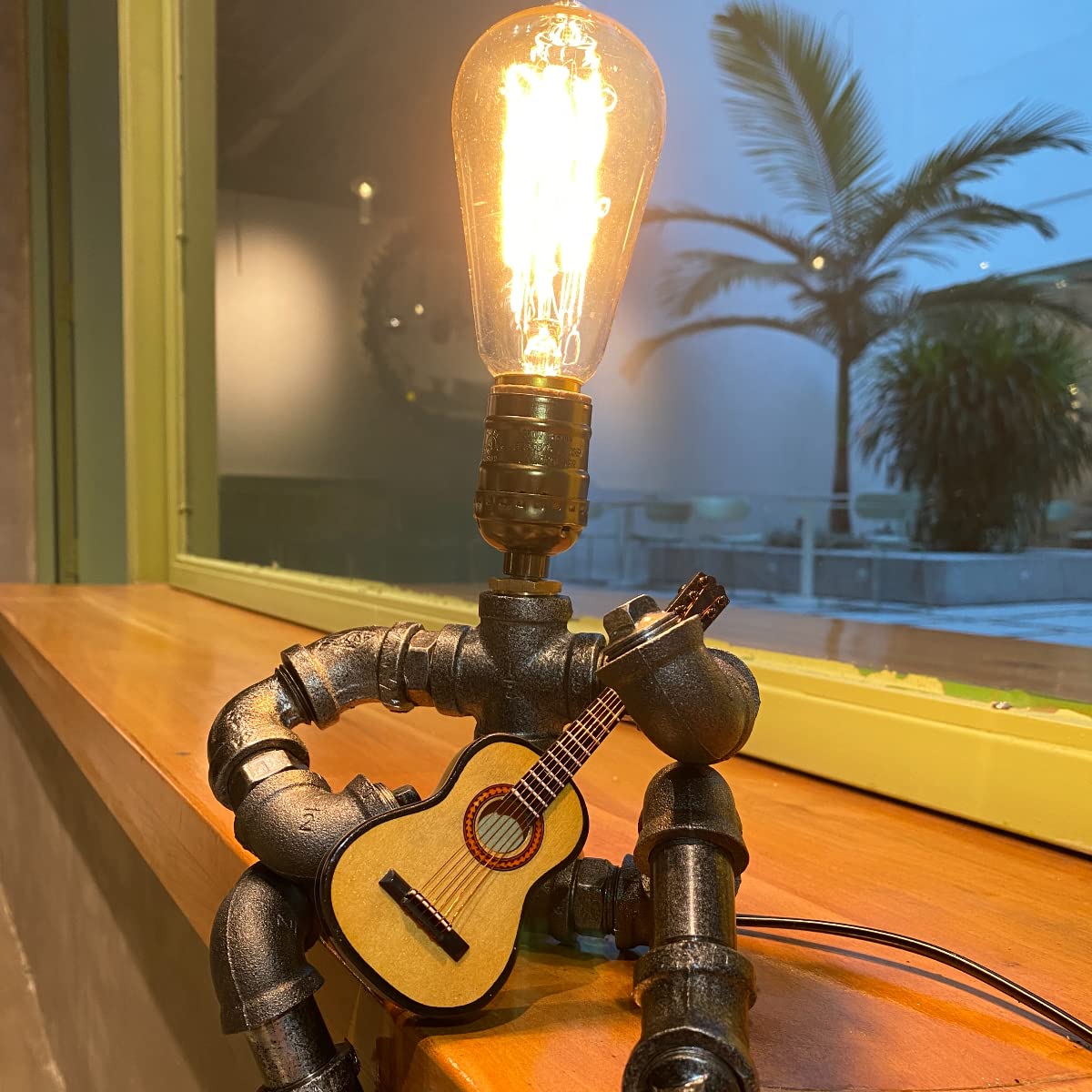 Wibota Music Guitar Table Lamp Art Decor Guitar Stuff Cool For Music Art Lovers Microphone Players For Men Steampunk Pipe Man Edison Bulb Lamps Retro Guitars Metal Pipe Industrial Robot Lights