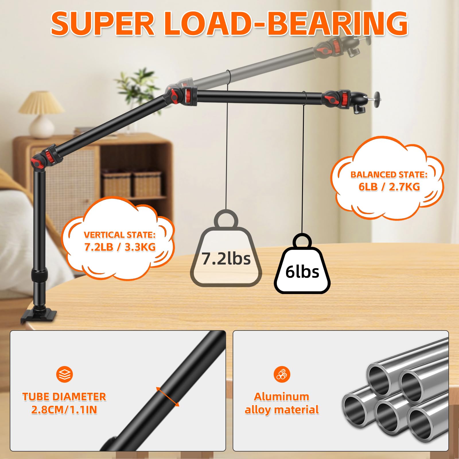 Taisioner Overhead Camera Desk Mount Stand-3-Section Adjustable Boom Arm With C-Clamp 360° Ball Head 5Lb Load Capacity Compatible With Dslr,Webcam,Lights,Microphone Live,Youtube,Online Courses