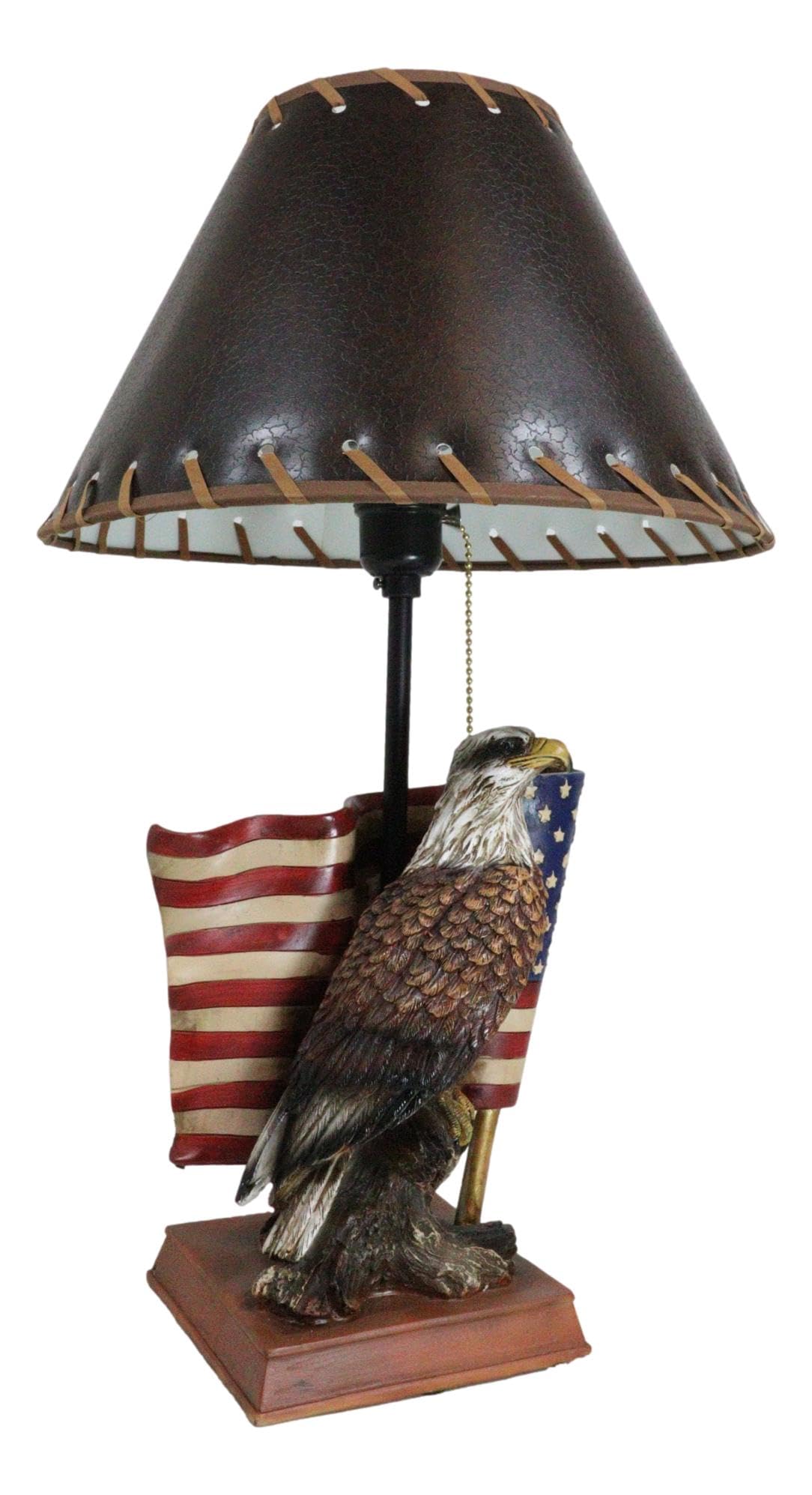 Ebros Gift Rustic Patriotic American Emblem Bald Eagle With Star Spangled Banner Flag Memorial Desktop Side Table Lamp With Brown Faux Leather Laced Shade Land Of The Brave And