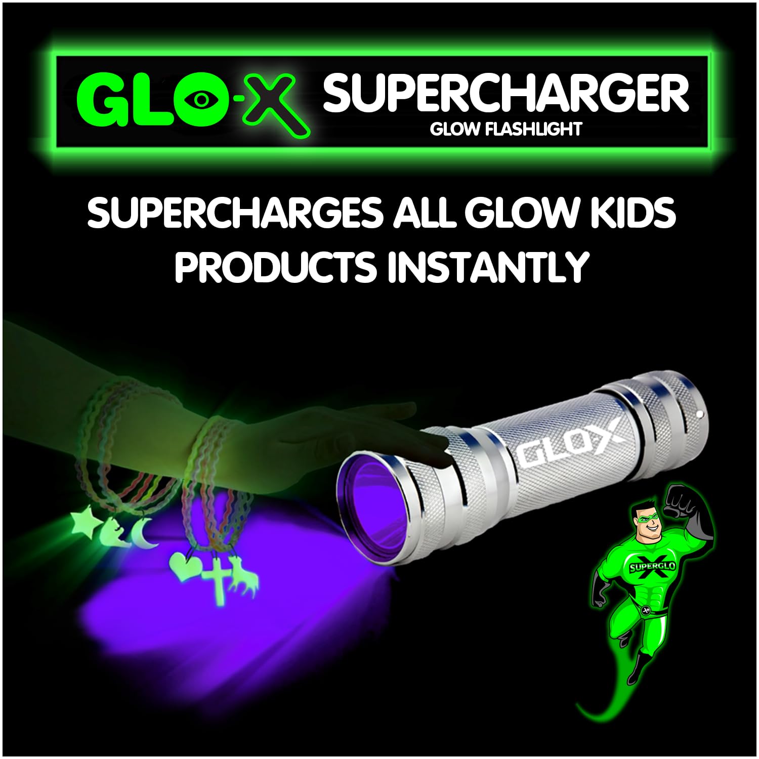 Glo-X Supercharger Uv Black Light Led Flashlight - Powerful High-Intensity Blacklight Charges All Glow In The Dark Products For Glow-In-The-Dark Paint, Charms, Fishing And Camping