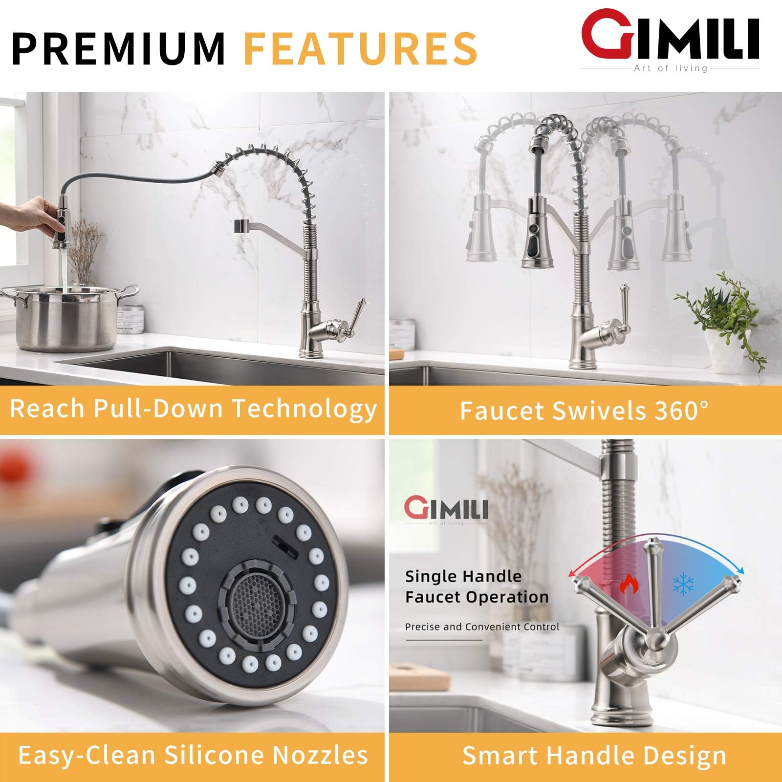 Gimili Kitchen Faucet With Pull Down Sprayer Single Handle Lever Spring Kitchen Sink Faucet Brushed Nickel