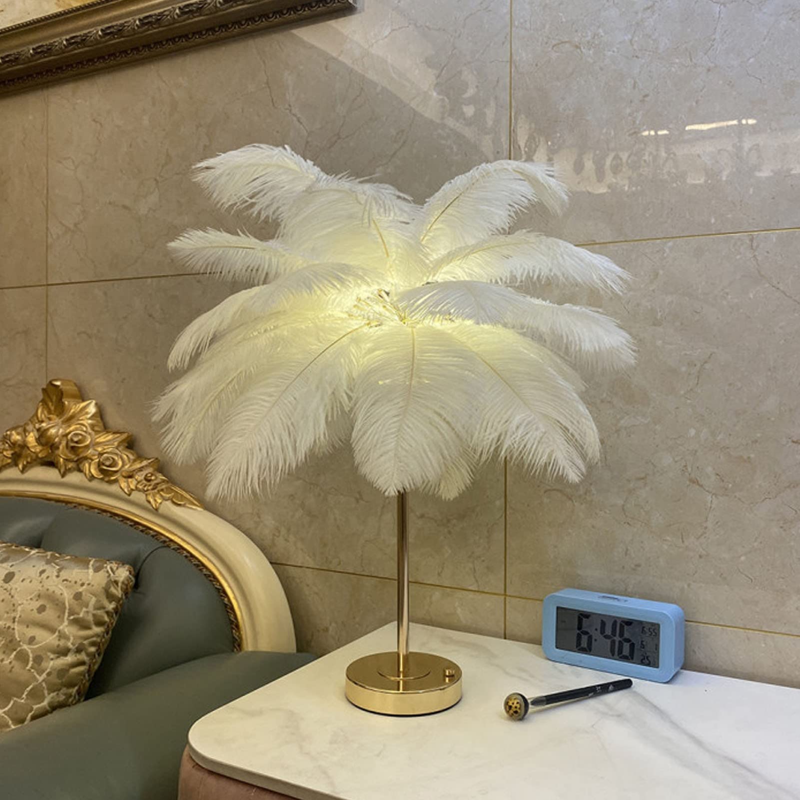 Juopzkenn Feather Table Lamp, Ostrich Feather Night Light Modern Bedside Desk Lamp Led Atmosphere Light For Living Room Wedding Bedroom