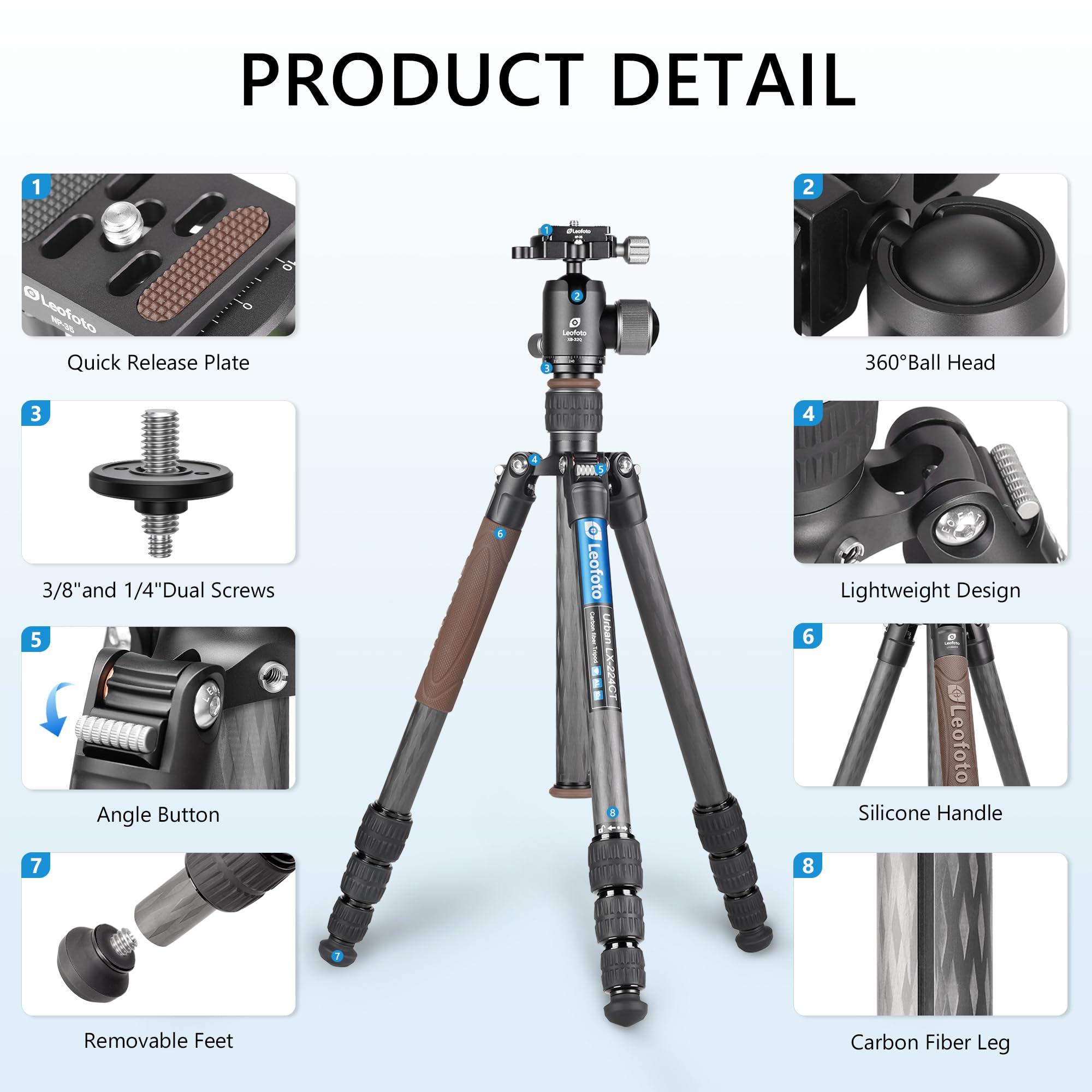 Leofoto Carbon Fiber Lightweight Travel Tripod With 360° Ball Head, Removable Center Column, Folded Height 37Cm, Weight 1.12Kg, Maximum Load 8Kg（Lx-224Ct+Xb-32Q）