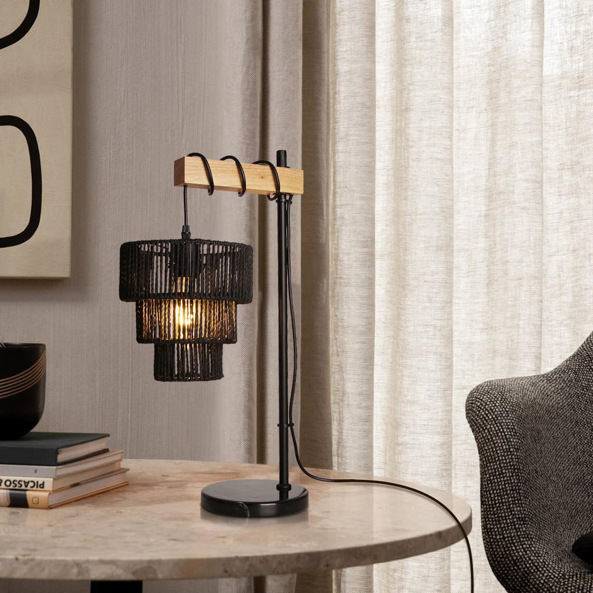Masivel Rattan Table Lamp, Boho Wicker Table Lamps, Wood Bedside Desk Lamps For Bedroom Living Room Office Nightstand, E26, Black