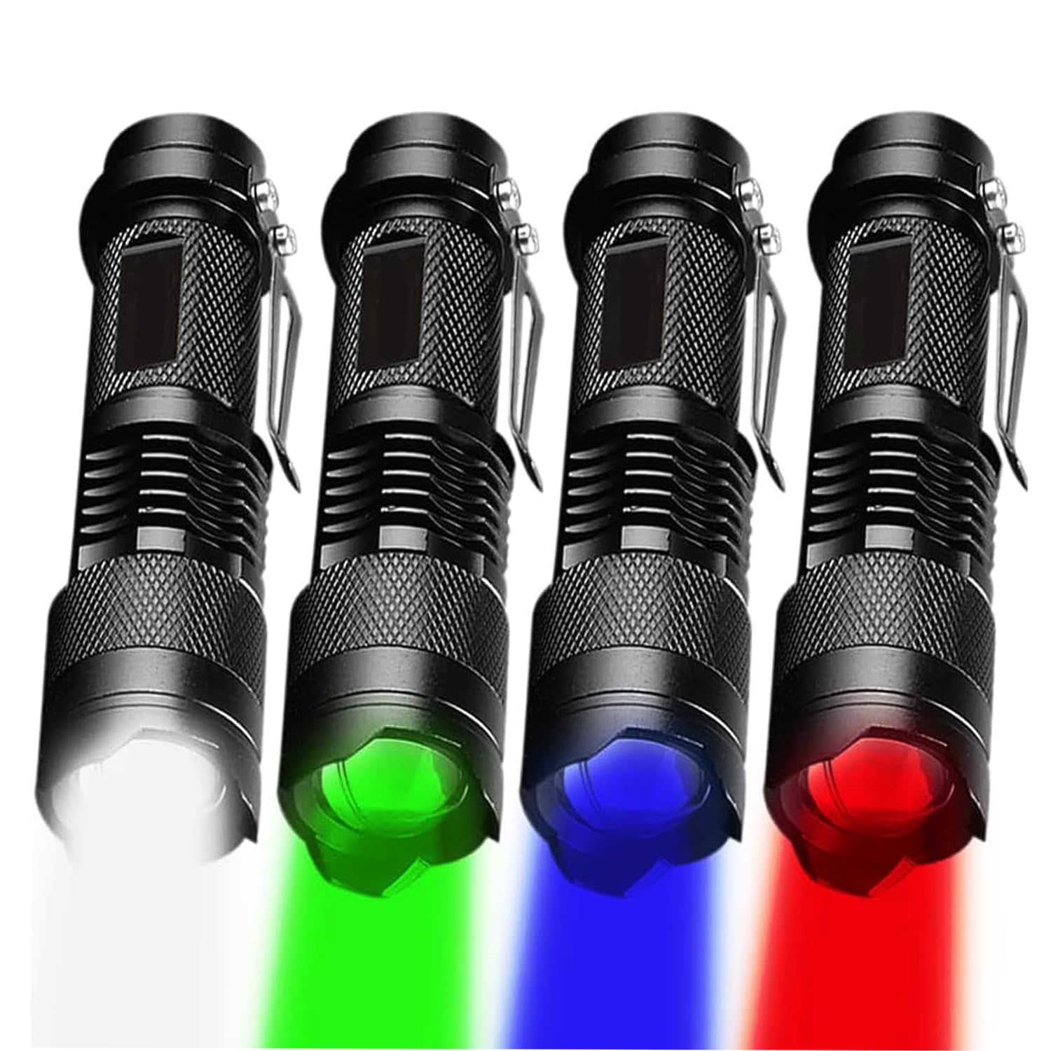 Modoao Led Flashlights 4 Pack White Green Red Blue Light Zoomable Mini Flashlight 3 Modes,Adjustable Focus Pen Light With Clip,Flash Light For Night Observation And Outdoor