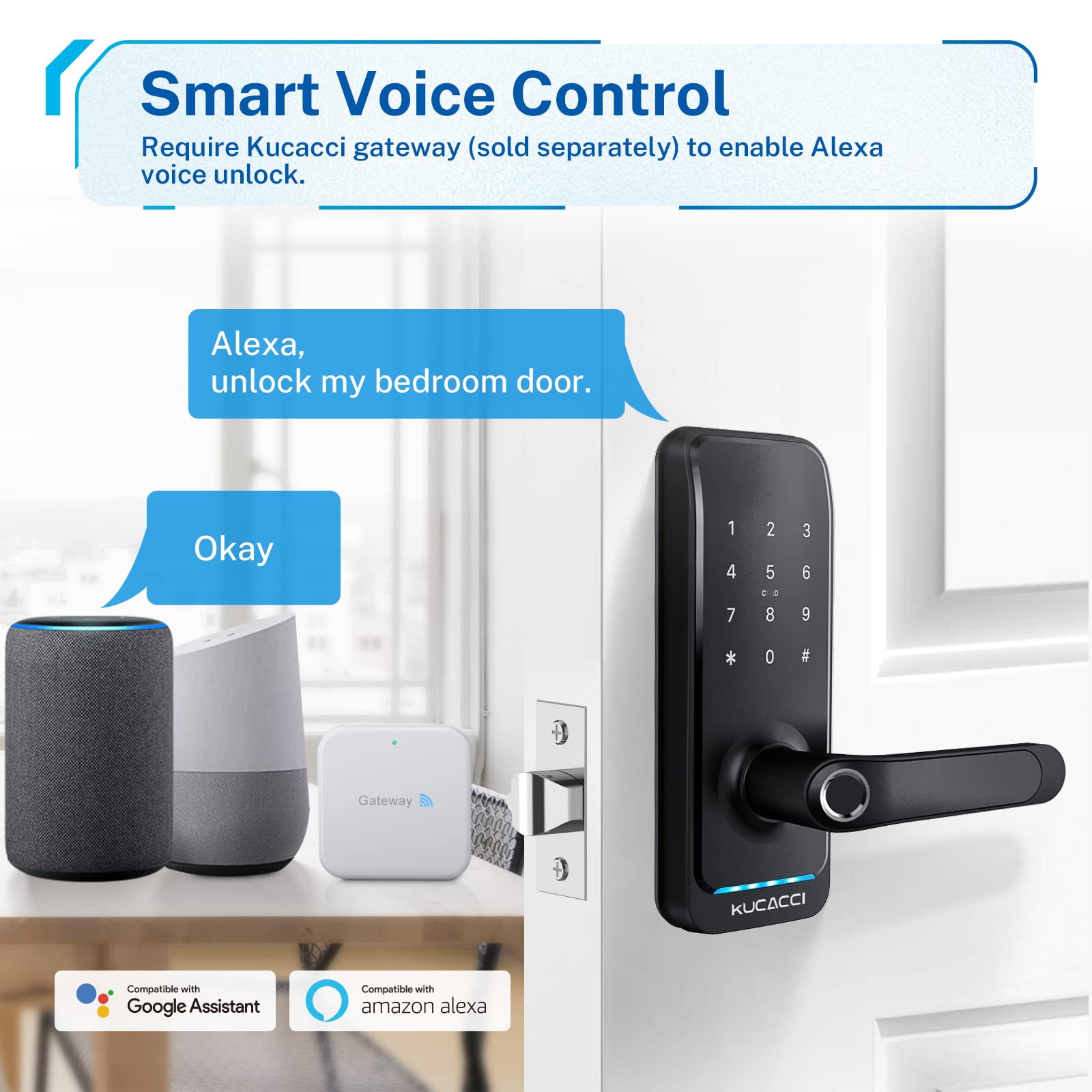 Kucacci Smart Door Lock With Handle: Keyless Entry Digital Door Lock For Front Door - Fingerprint Keypad Smart Dnob - Generate Passcode Remotely - App Control - Easy Installation(Black)
