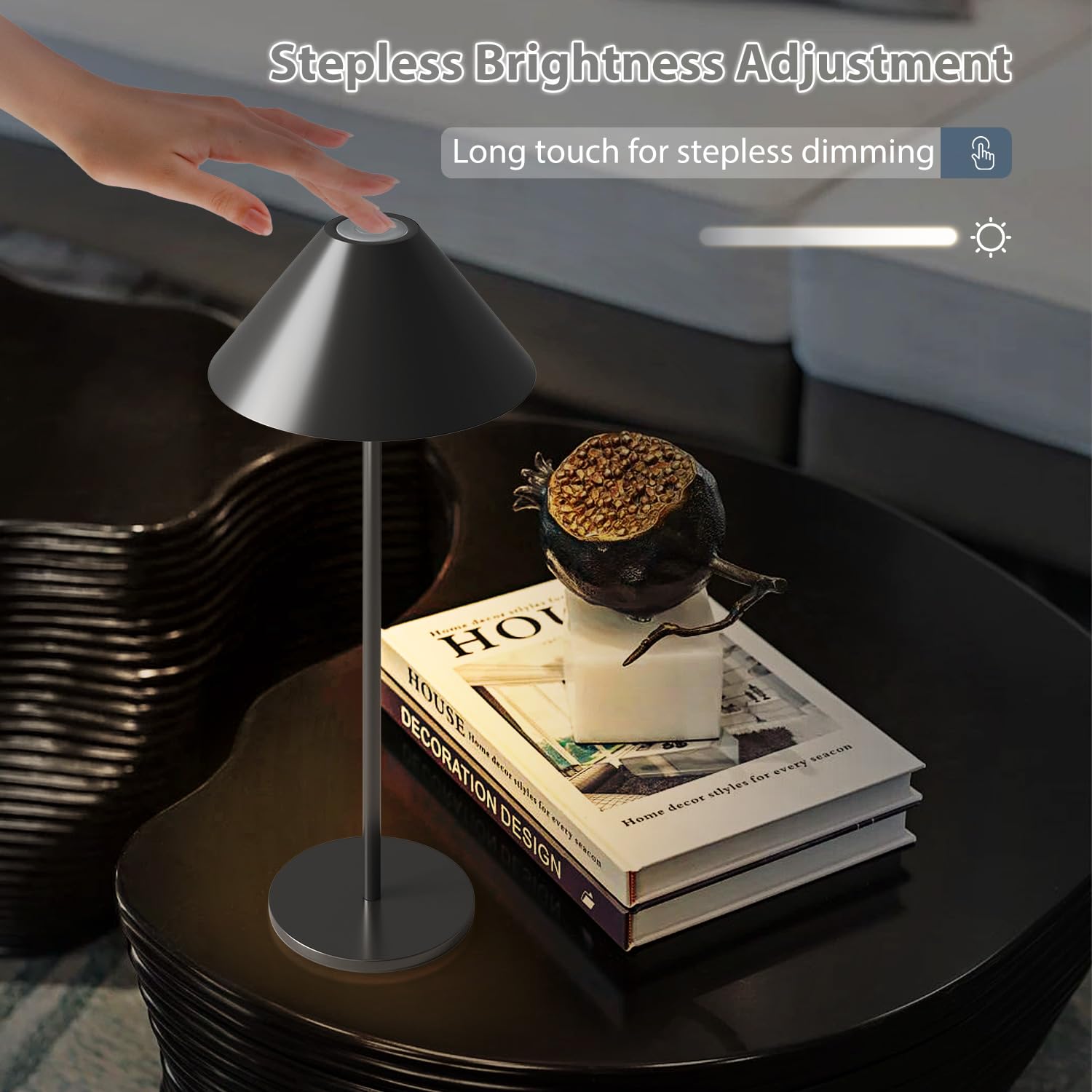 Funtaphanta Modern Led Rechargeable Cordless Table Lamp, Ip54 Waterproof, 240Lm Dimmable Battery Operated Lamp, 4000Mah Battery, 3000K Portable Bedside Lamp (Black)