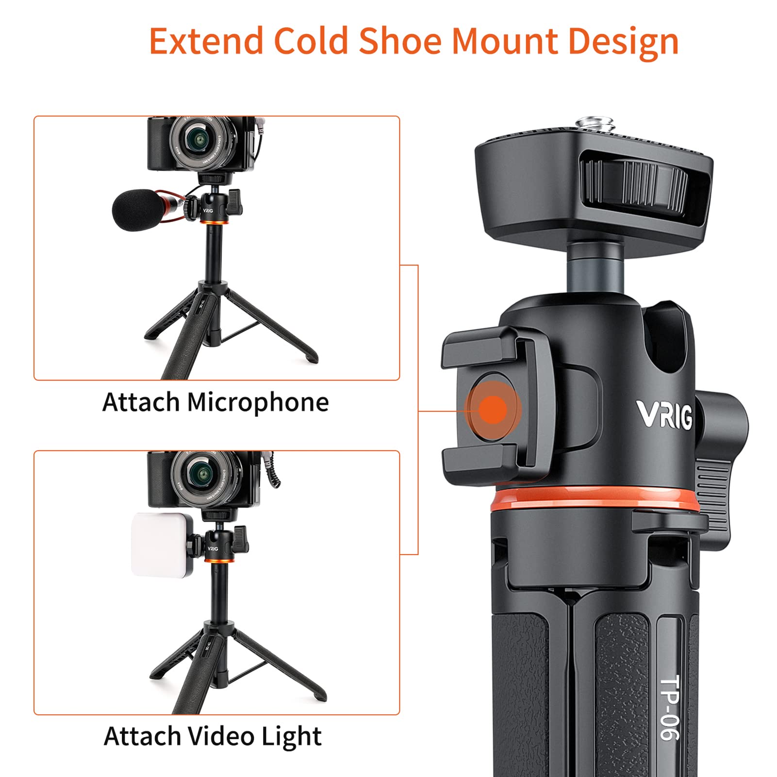 Camnoon Tp-06 Portable Selfie Stick Tripod Stand Aluminum Alloy With 1/4 Inch Screw Cold Shoe Mount 360° Rotatable Ballhead 55Cm/21.6In Max. Height 1.5Kg Load Capacity For Vlog Live Streaming Selfie