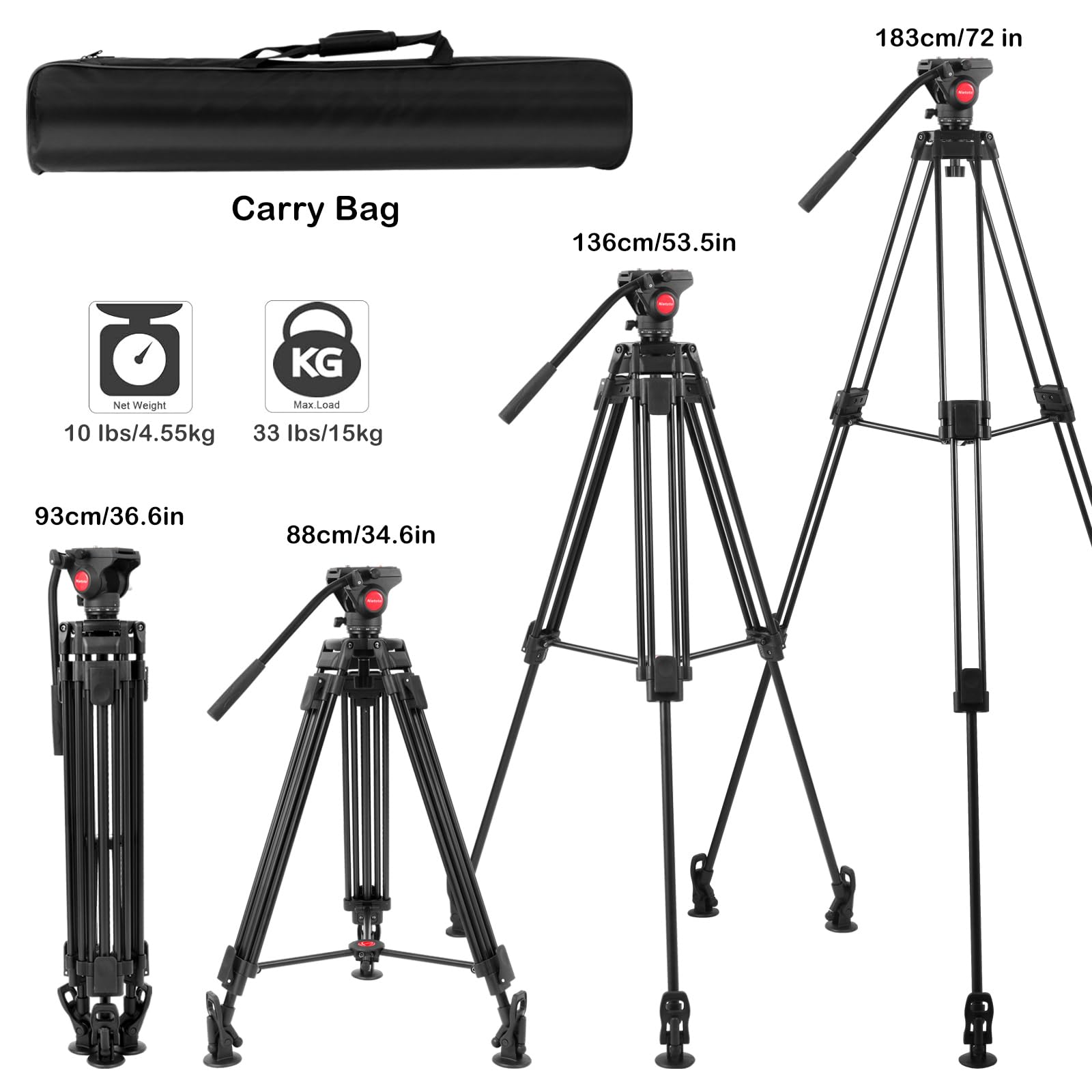 Nietoto 72"/183Cm Video Tripod Heavy Duty Tripod With 360° Fluid Head, Professional Aluminum Tall Camera Video Tripods Compatible With Canon Nikon Sony Dslr Camera Camcorder Telescope Bnoculars (Load 33Lb)