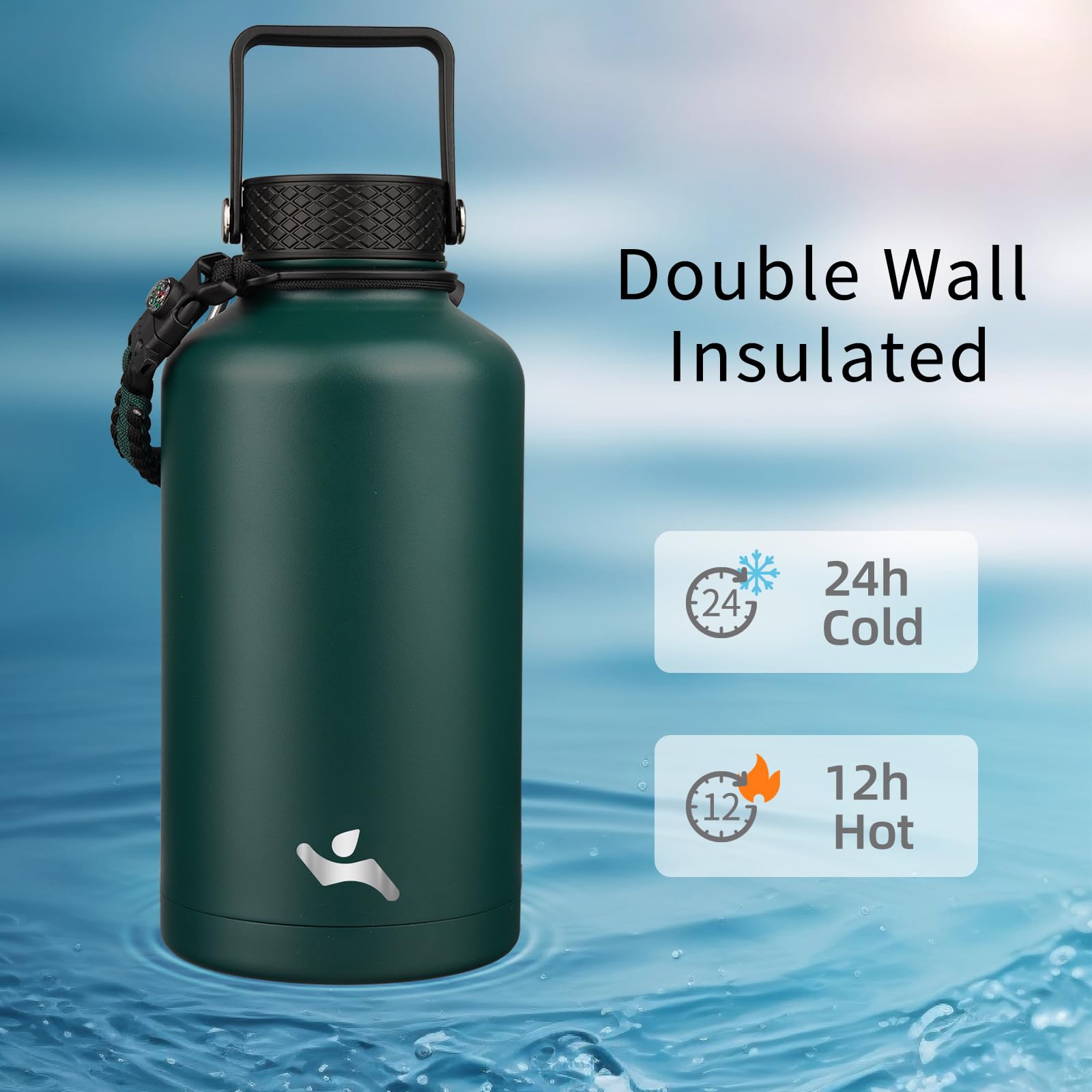 Half Gallon Insulated Water Bottle With Straw,64 Oz 3 Lids Water Jug With Carrying Bag,Paracord