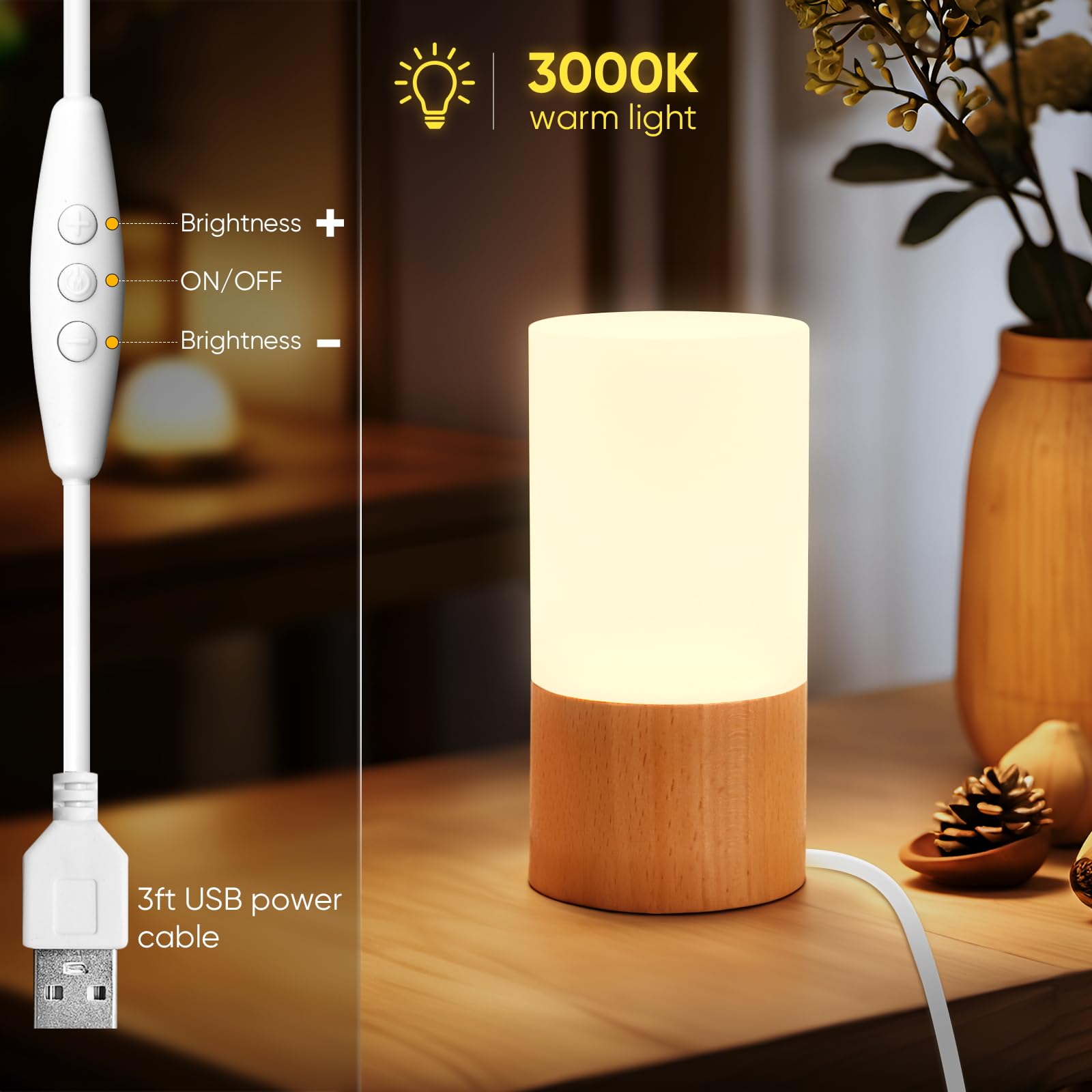 Lonrisway Small Led Wood Table Lamp, Bedroom Bedside Night Light, Dimmable Led Lighting, Creative Home Decor Unique House Natural Beech Warmging