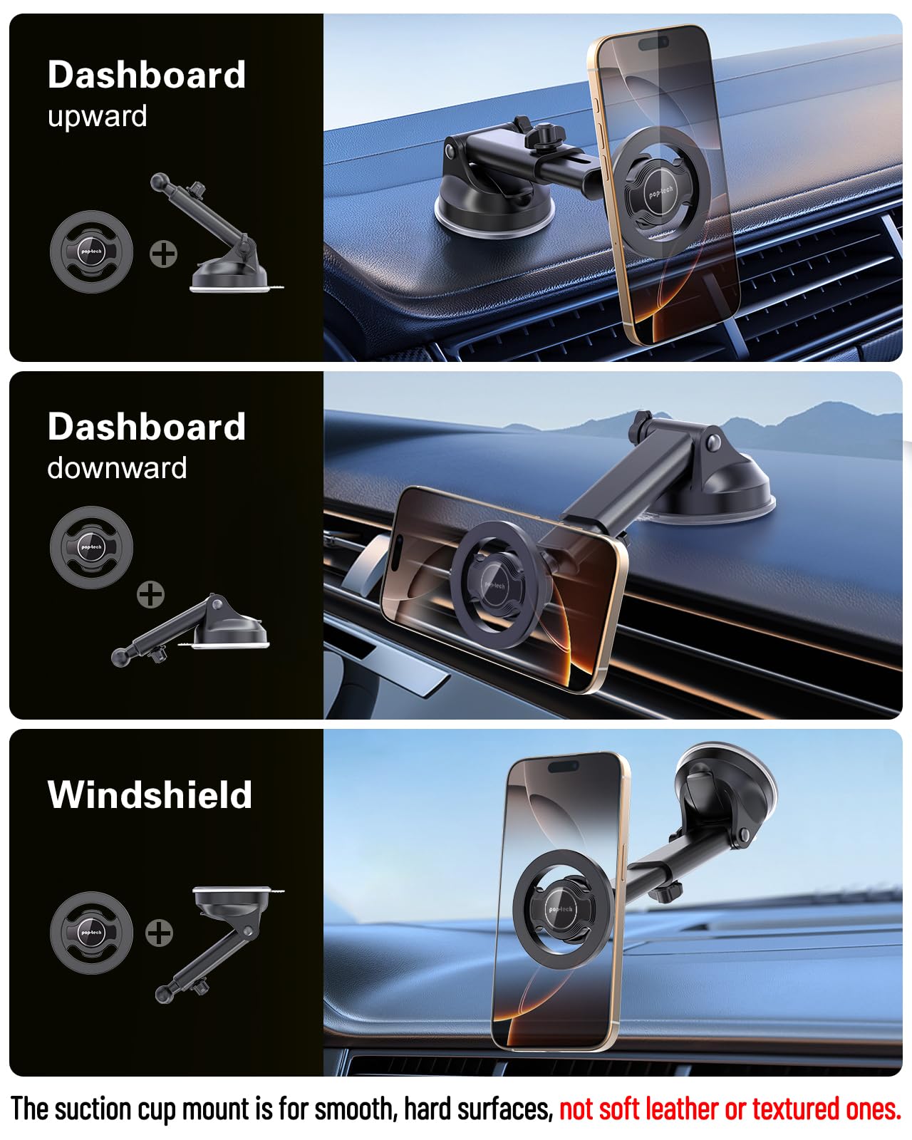 Pop-Tech For Magsafe Car Mount, Windshield Ultra Magnetic Phone Holder For Car, Dashboard Adjustable Military Suction Cup Phone Mount For Iphone 16 Pro Max 15 14 13 12 Plus, Smartphones, All Phones