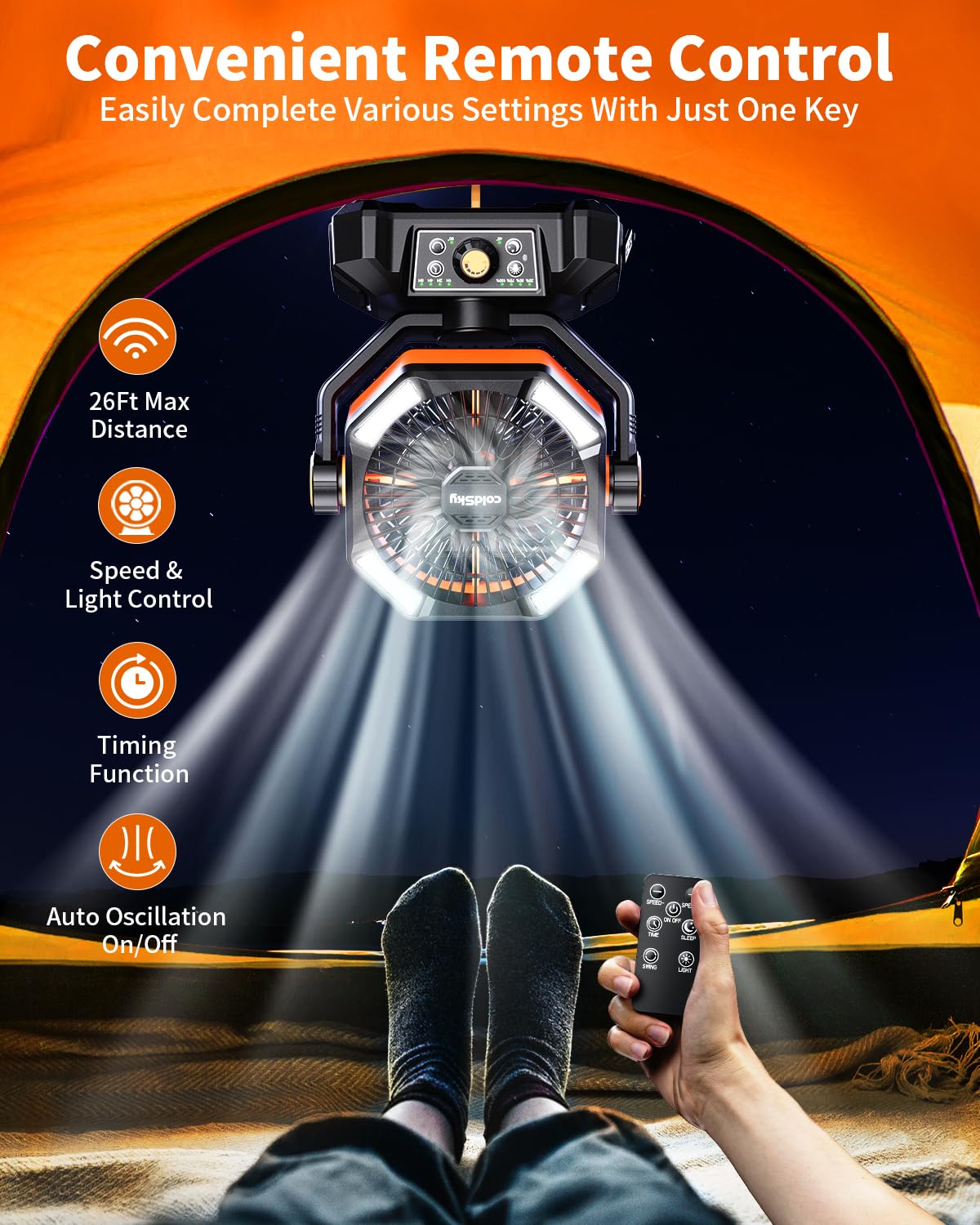 20000mAh rechargeable fan with 4 LED lantern lights and 8 speed settings for camping