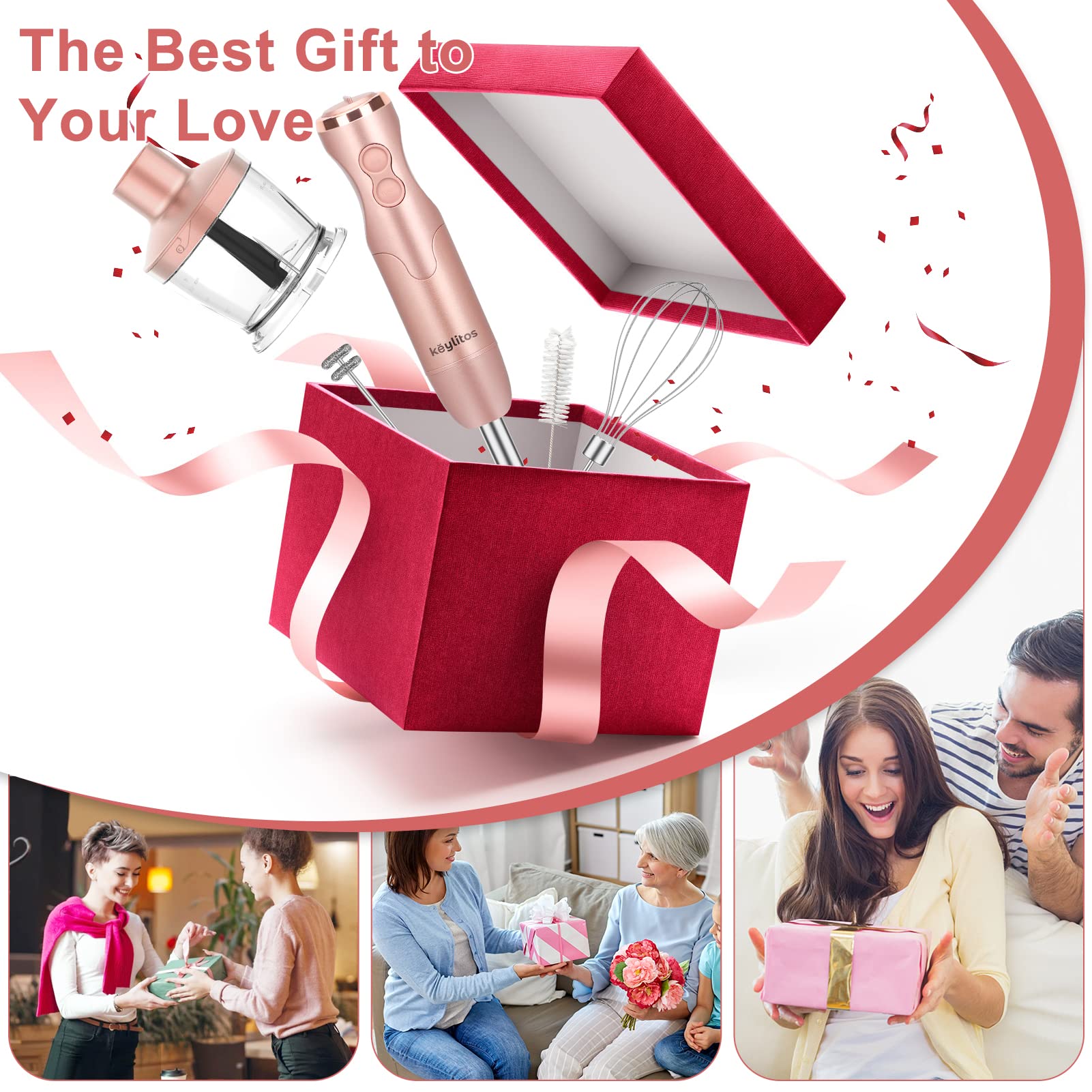 Keylitos 5-In-1 Immersion Hand Blender, Powerful 12-Speed Stick Blender With 304 Stainless Steel Blades, Chopper, Beaker, Milk Frothing Attachment And Egg Whisk, Golden Pink