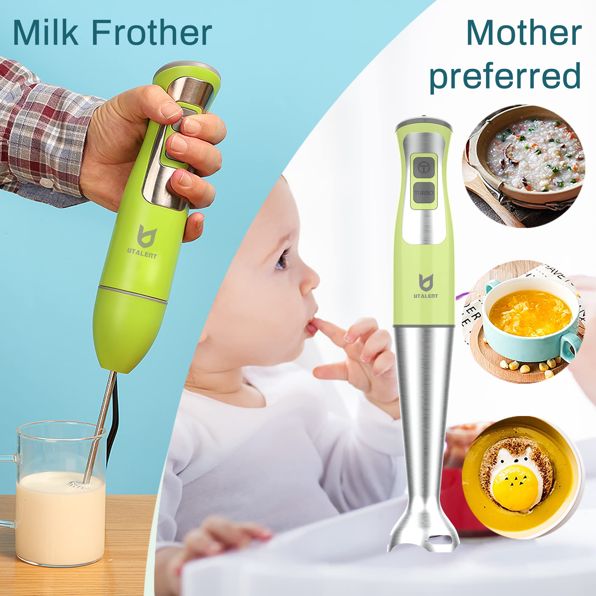 Utalent Immersion Hand Blender, 5-In-1 8-Speed Stick Blender With 500Ml Food Grinder, Bpa-, 600Ml Container,Milk Frother,Egg Whisk,Puree Infant Food, Smoothies, Sauces And Soups Green