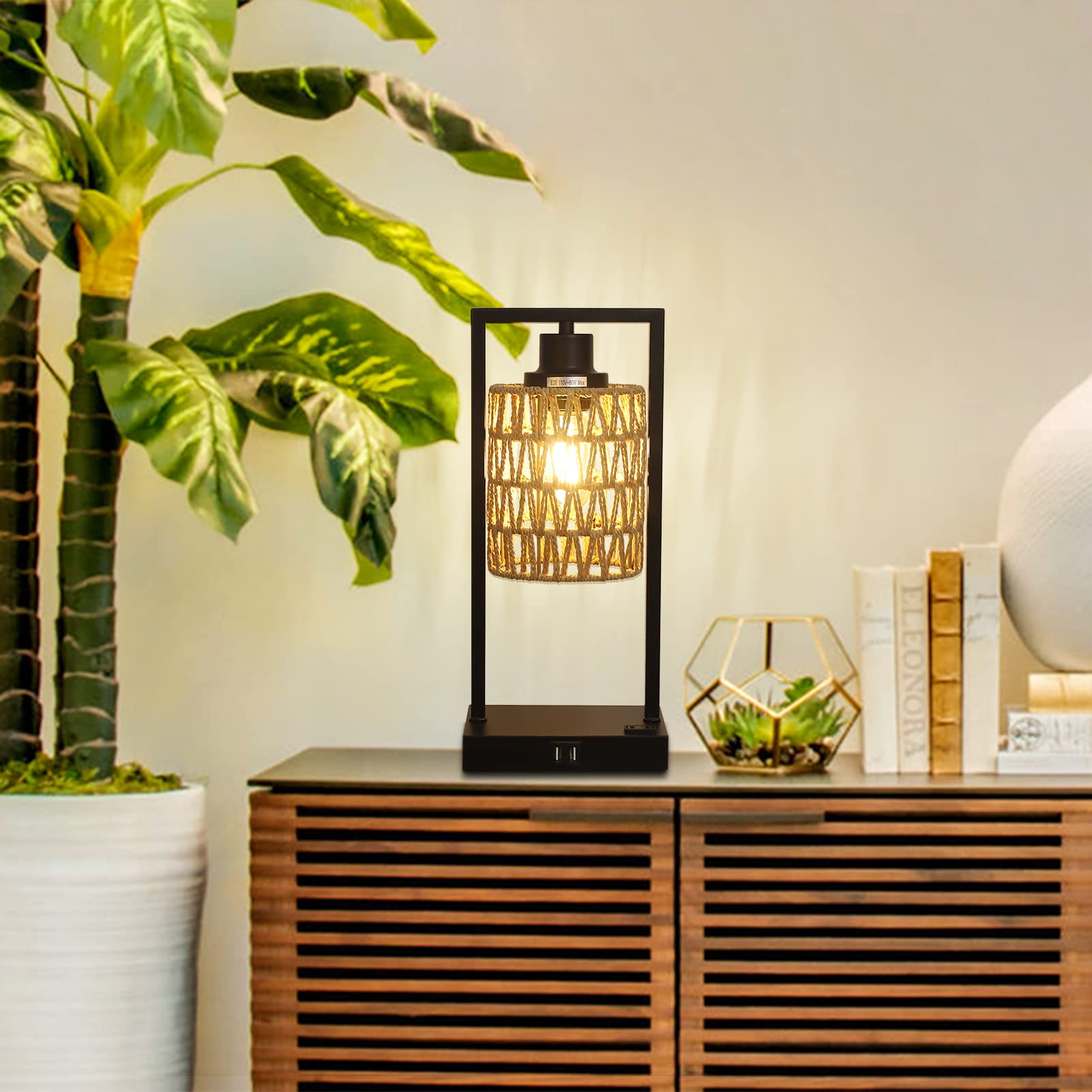 Stepeak Farmhouse Rattan Table Lamps Set Of 2, Boho Touch Control Bedside Nightstand Lamp With 2 Usb Ports&Ac Outlet, Dimmable Desk Lamp For Bedroom Living Dining Room Credenza (Led Bulbs Included)