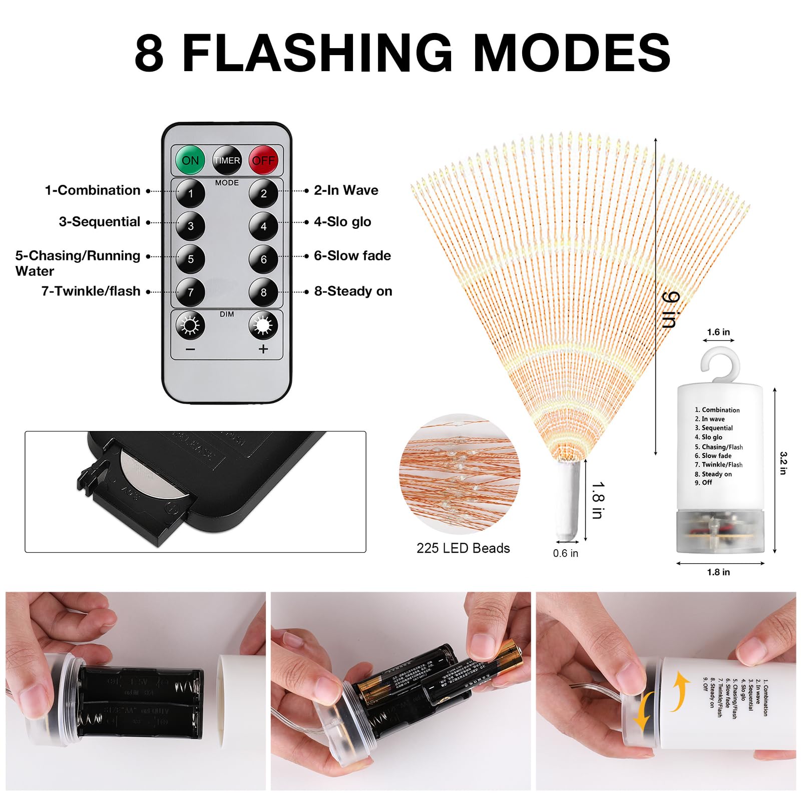 Techip 4 Pcs 225Led Lights Battery Operated Fairy Lights Copper Wire With Remote 8 Modes Wedding Hanging String Lights Christmas Decorative Lights Outdoor Indoor Decoration,Warm White