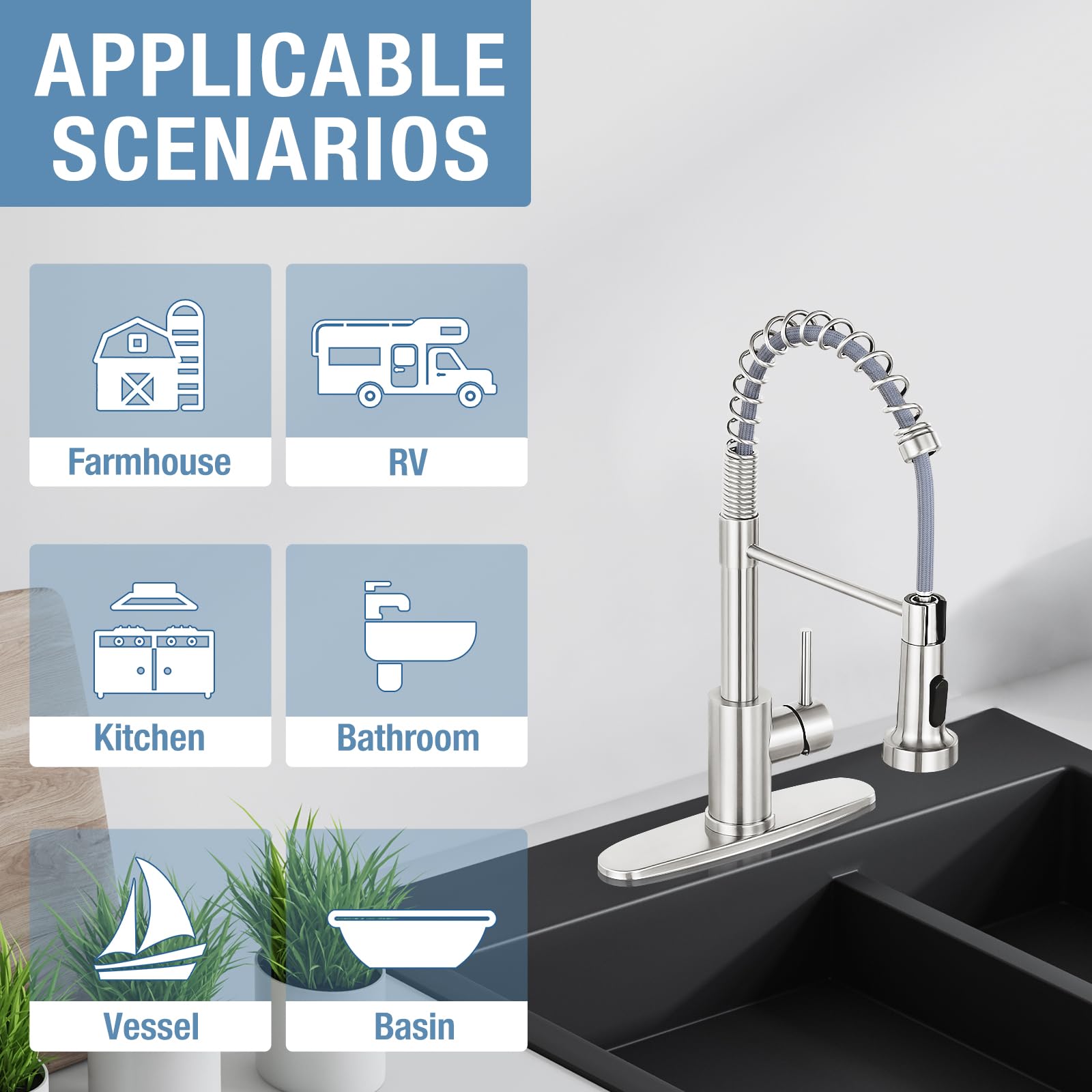 Djs Kitchen Faucets With Pull Down Sprayer Brushed Nickel -Single Handle 1 Or 3 Holes Spring Kitchen Sink Faucet With Deck Plate For Farmhouse Rv Vessel Basin