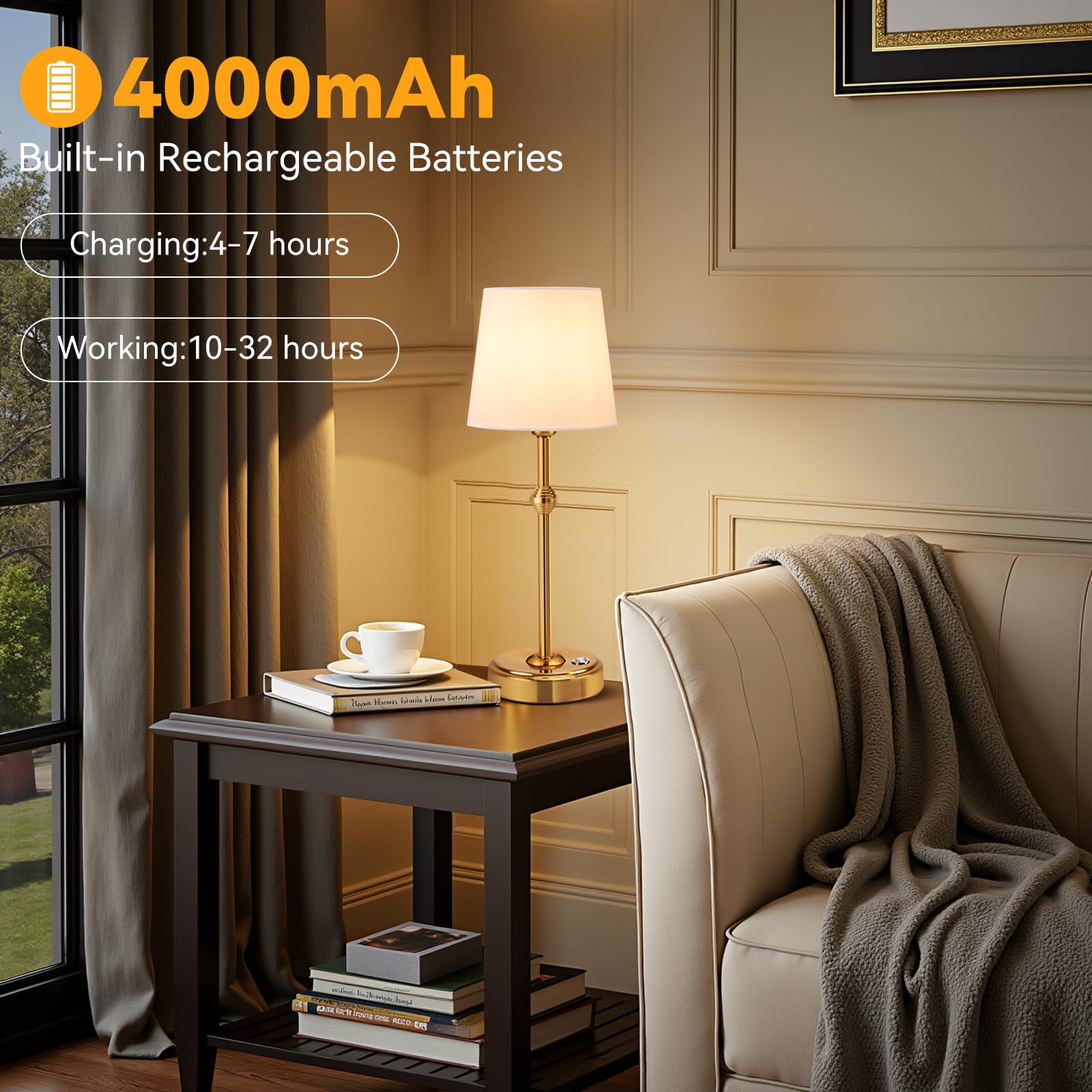 Kozeota Portables Cordless Led Table Lamp, 4000Mah Wireless Rechargeable Battery Operated Powered Light, Dimmable Table Lamp For Dining Room, Bedroom, Bedside, Bar, Night Light, Camping, Patio (Bronze)