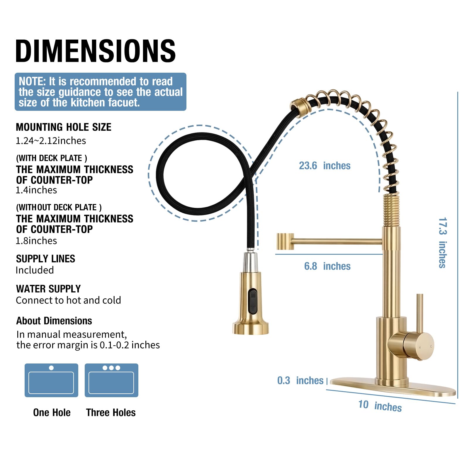 Djs Kitchen Faucets With Pull Down Sprayer Brushed Gold -Single Handle 1 Or 3 Holes Spring Kitchen Sink Faucet With Deck Plate For Farmhouse Rv Vessel Basin