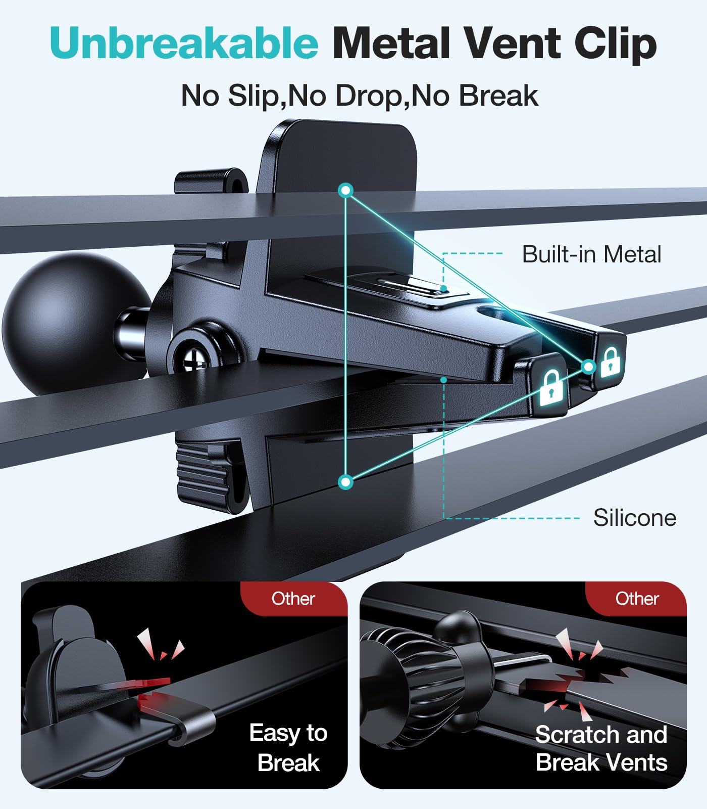 Vicseed Car Phone Holder Mount【Never Drop Clip】 Air Vent Car Cell Phone Mount Stand【Silicone Protect Vent & Phone】 Hands  Vehicle Cradle For Iphone 16 15 Pro Max Android All Smartphone