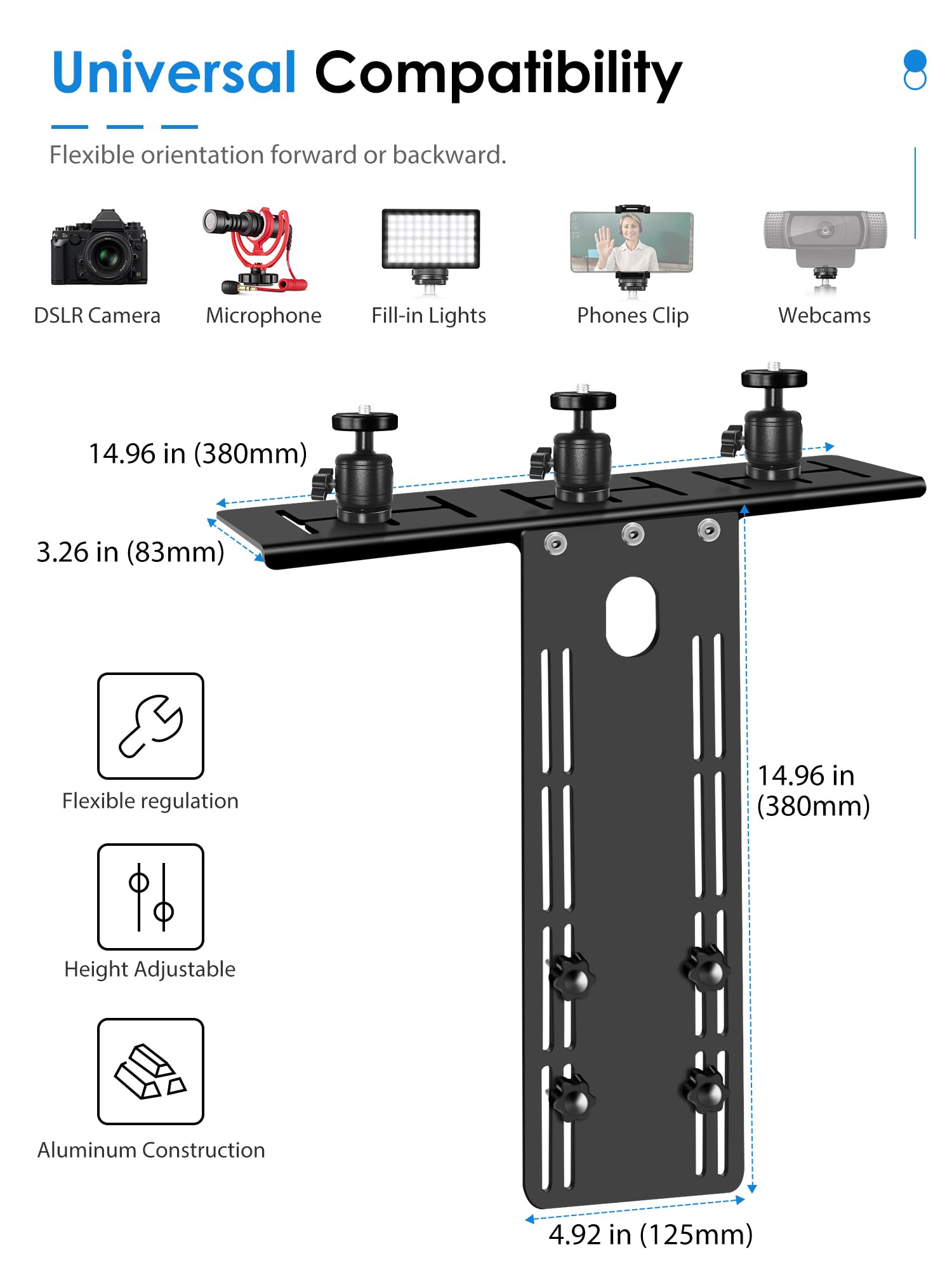 Borenbuir Dslr Monitor Top Shelf With 3 Ballhead For Vesa Arm, Camera Mount Clamp For Light, Webcam, Microphones, Height Adjustable, For Live Stream, Video Conferencing, Youtube, Tiktok