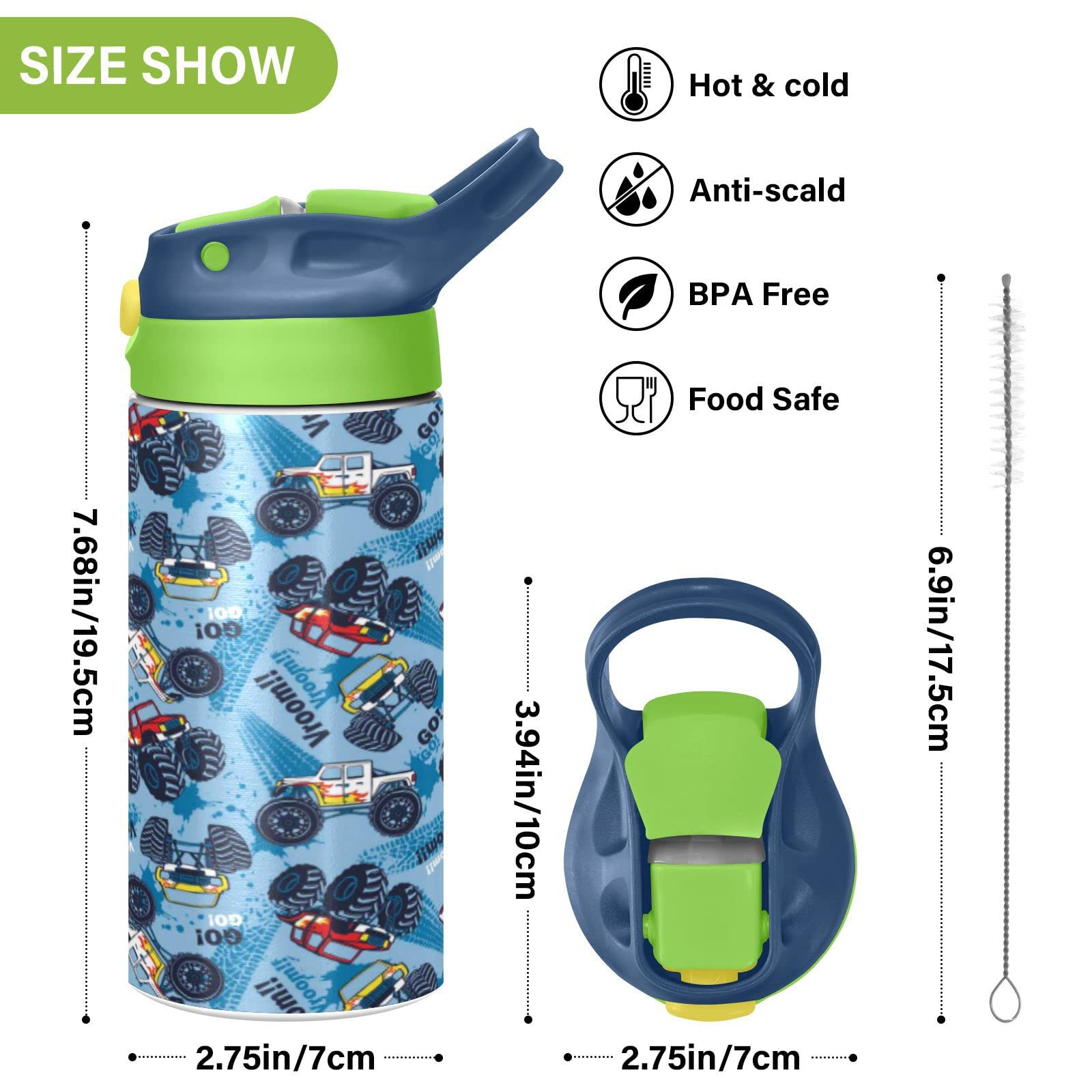 Boccsty Monster Truck Cars Seamless Pattern Kids Water Bottle With Straw Lid Insulated Stainless