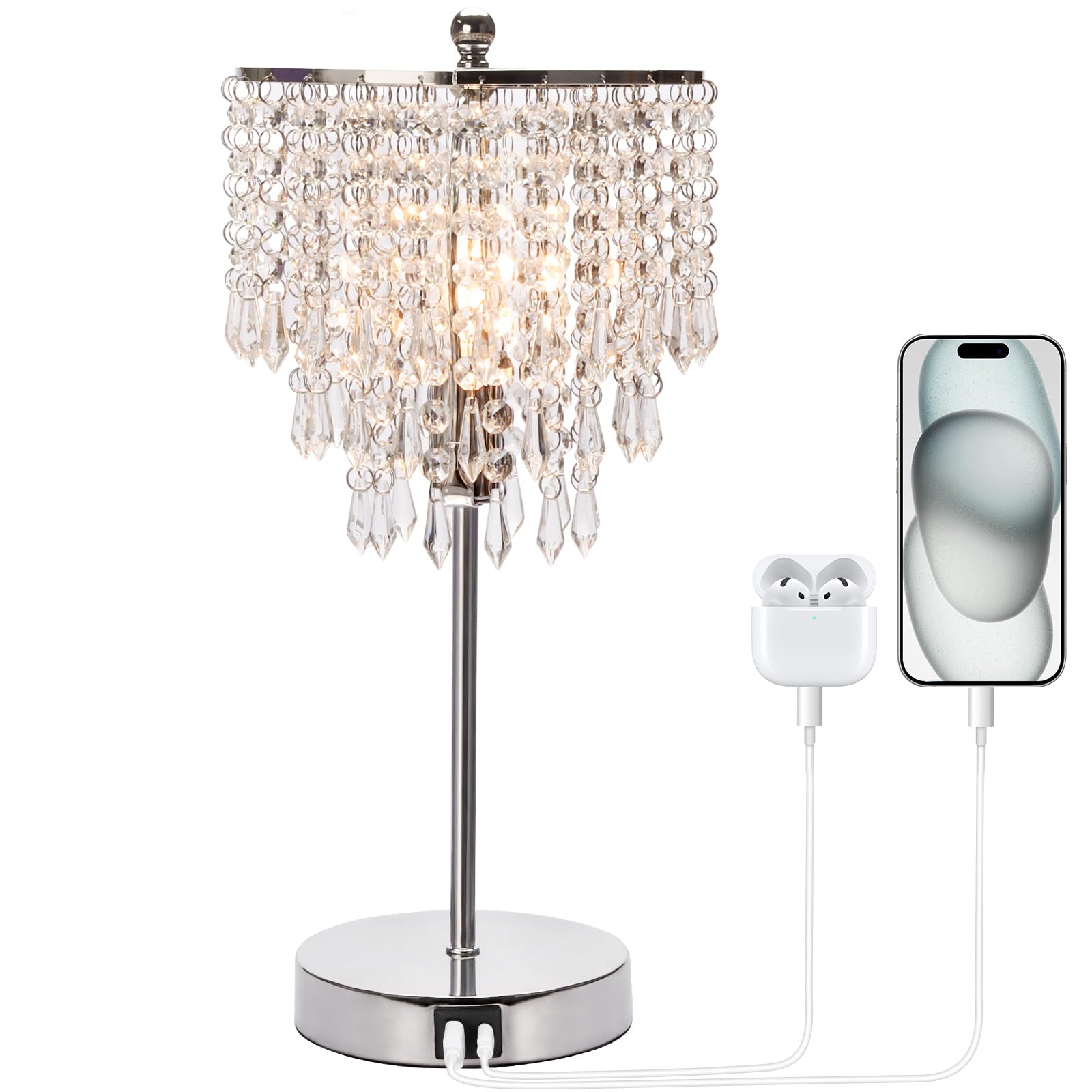 Seaside Village Touch Control Crystal Table Lamp With Usb C+A Charging Ports, 3-Way Dimmable Bedside Touch Lamp Decorative Nightstand Lamp With Elegant Lamp Shade For Living Room Bedroom, B11 Led Bulb Included