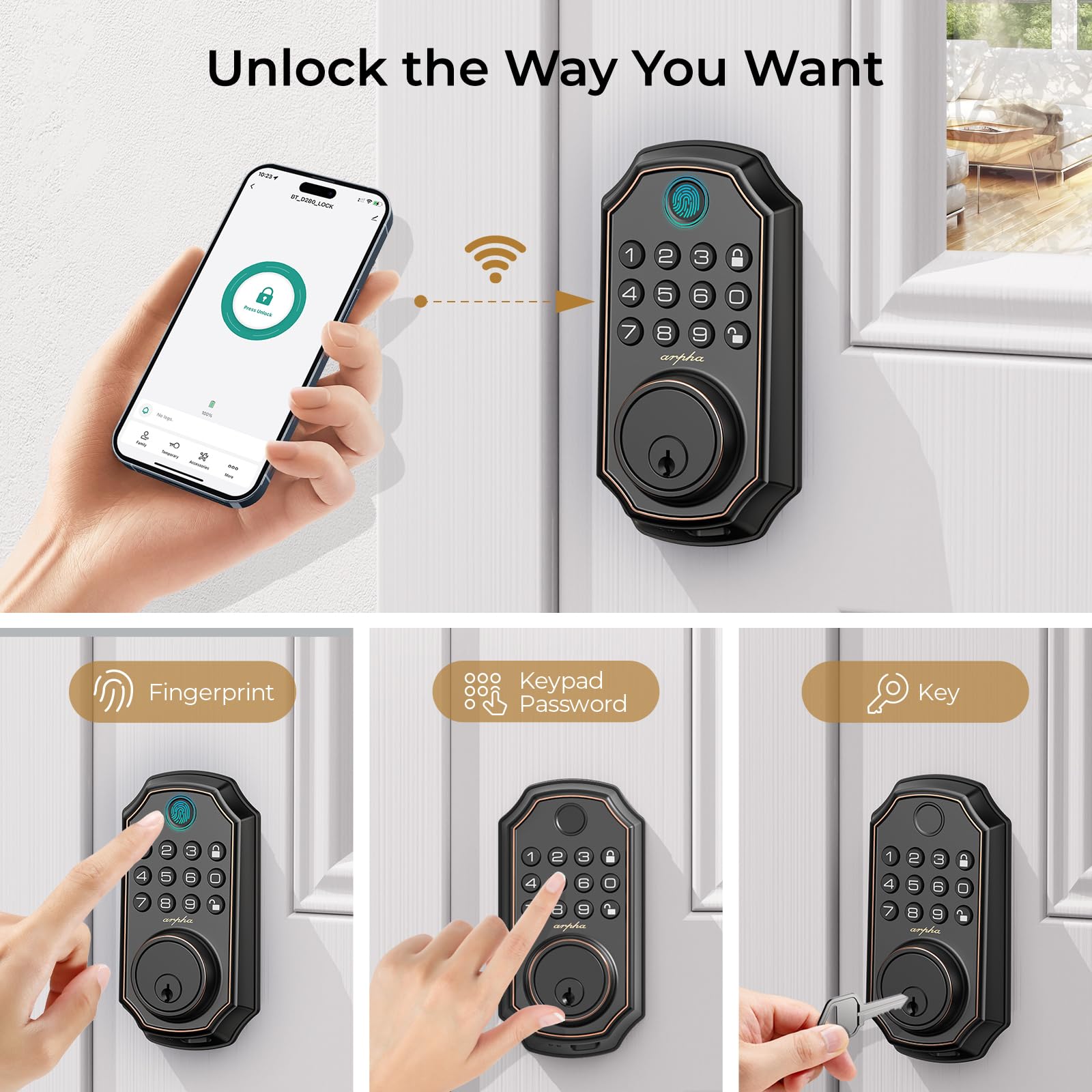 Arpha Fingerprint Smart Door Lock - Keyless Entry Door Lock, Built-In Wifi Deadbolt With Keypad, App Remote Control, Easy Installation