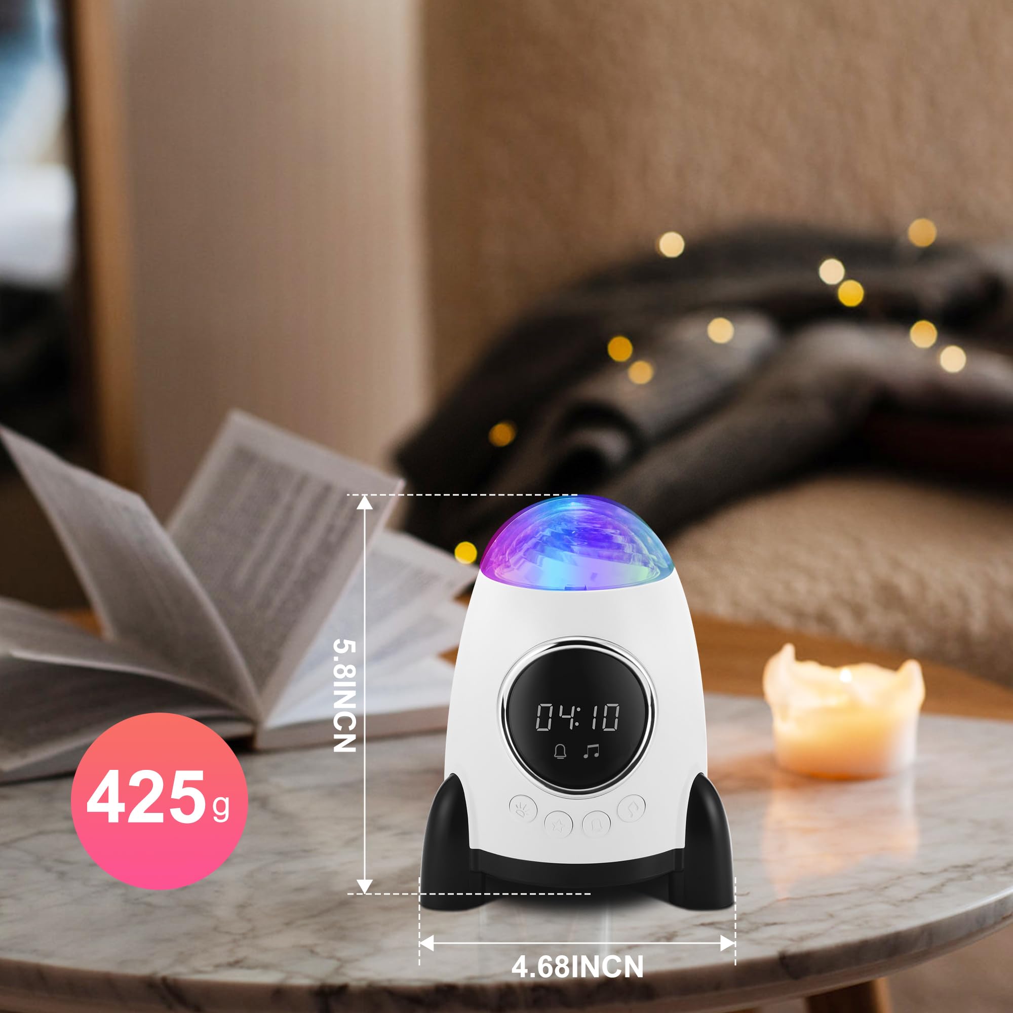 Konchile Star Projector With Alarm Clock, Rocket Galaxy For Bedroom, Bluetooth Speaker And White Noise Aurora