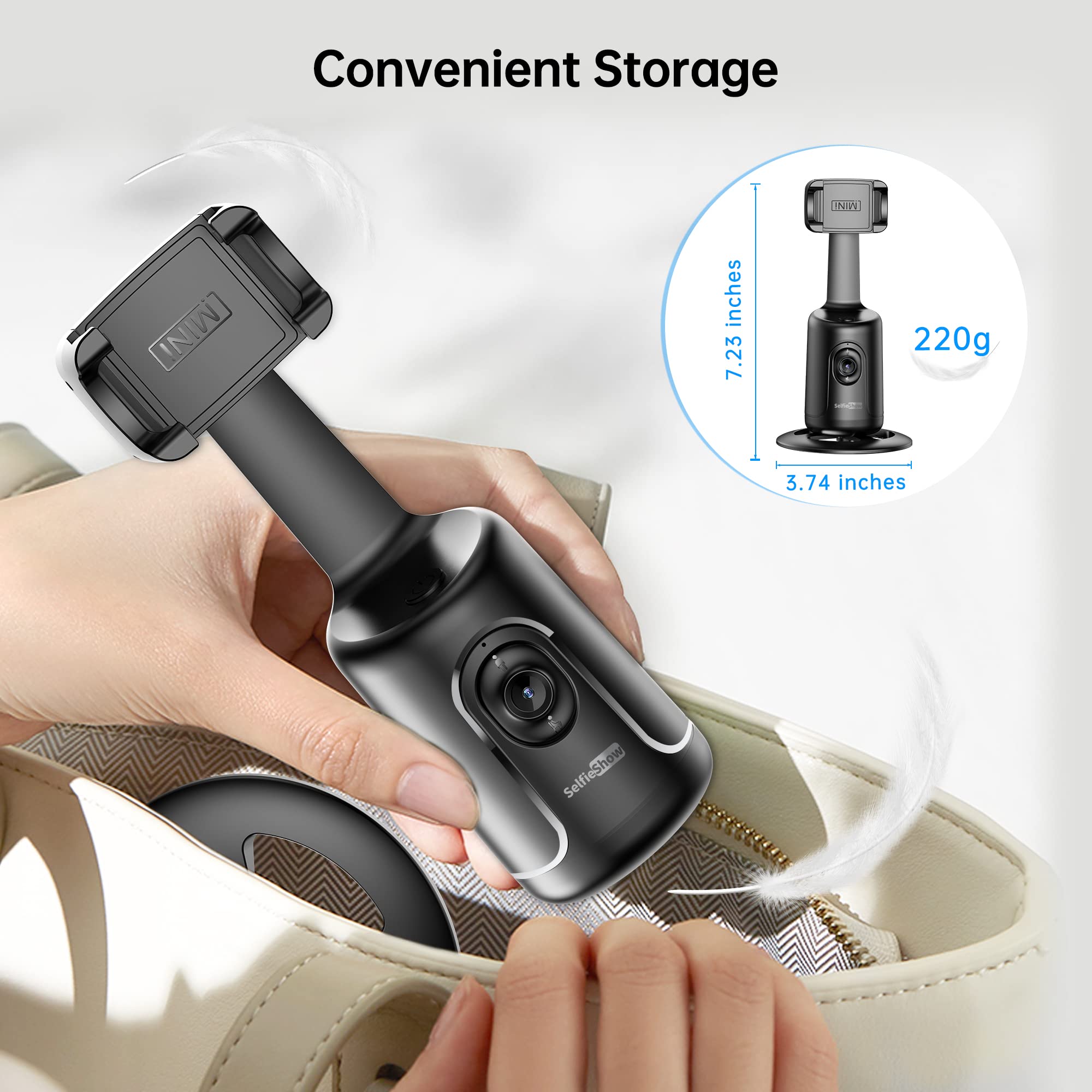Selfieshow Auto Tracking Phone Holder, Auto Face Tracking Tripod, Portable All-In-One Smart Selfie Stick 360 Rotation Fast Face & Object Tracking Cameraman Robot Mount For Phone Video Vlog Live Streaming(Black)