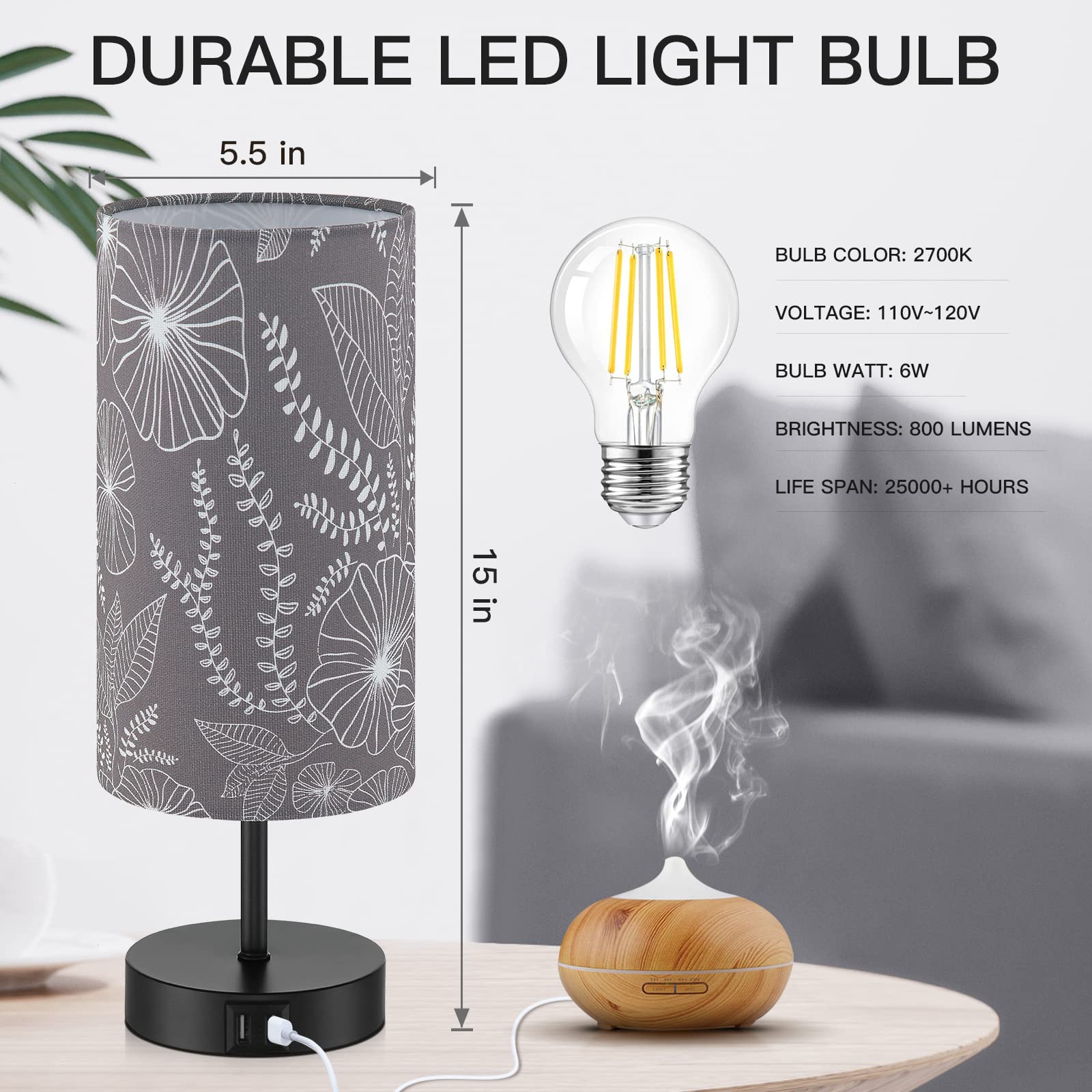 Lolikit Bedside Table Lamp With 2 Usb Ports, Modern Touch Control Desk Lamp With Round Flower Flaxen Fabric Shade, 3 Way Dimmable Small Nightstand Lamp For Bedrooms Living Room Dorm Gray Decor(Bulb Included)