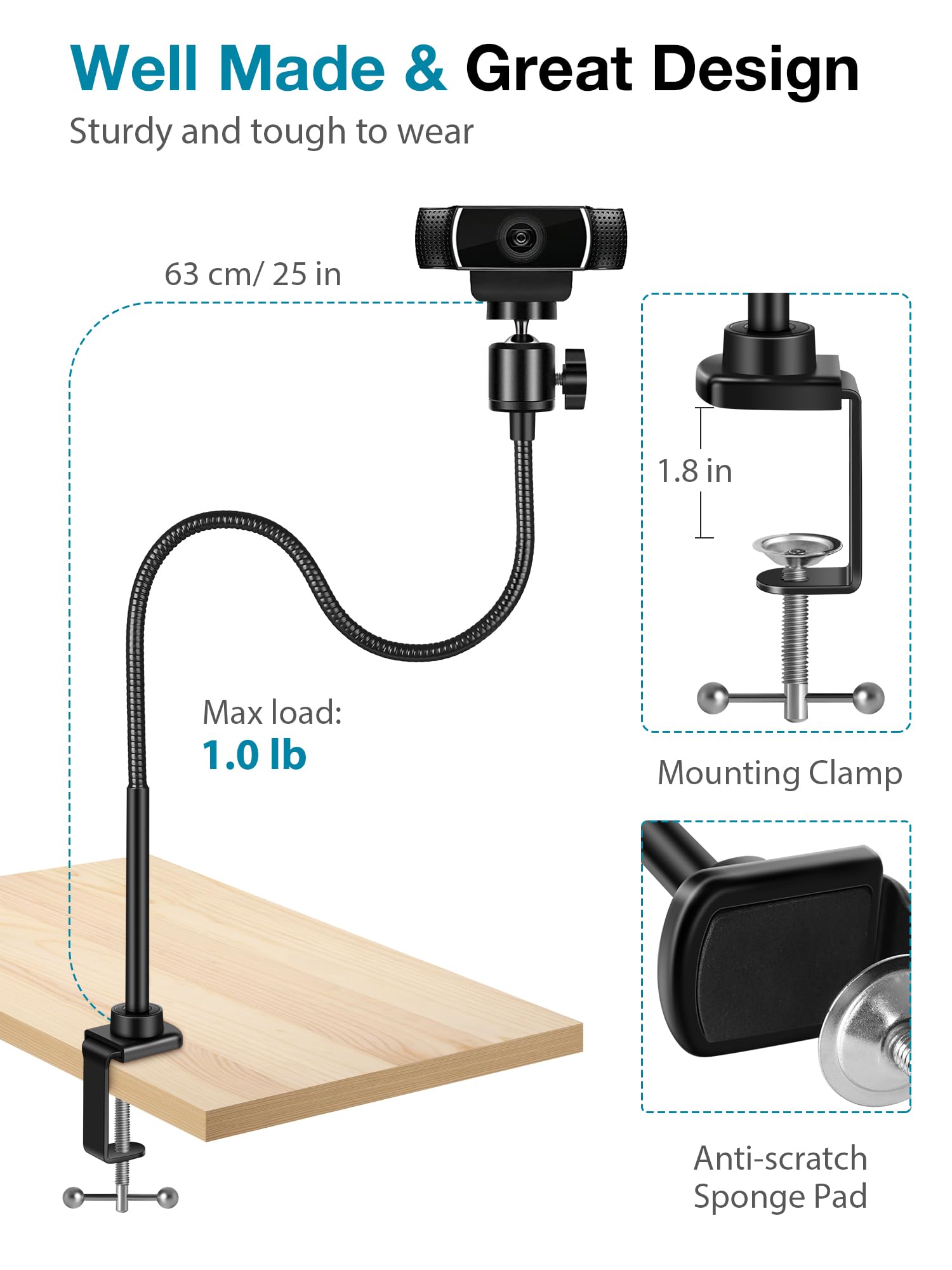 Innogear Webcam Stand With Phone Mount, Desk Camera Arm Stands Gooseneck For Logitech Webcam Brio 4K C960 C920 C920S C922 C922X C925E C930 C930E C615 Nexigo N60, Right Light, Gopro With 1/4" Thread