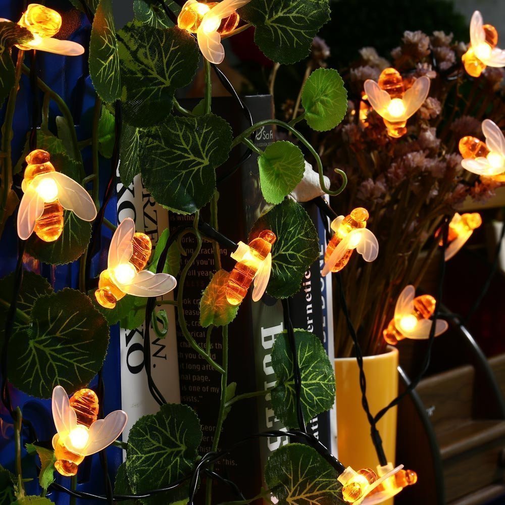 Dinowin Honey Bees Lights, Bee String Lights Solar Power Honeybee Fairy String Lights Waterproof 30 Led For Outdoor Garden Summer Party Wedding Xmas Decoration (Warm White)