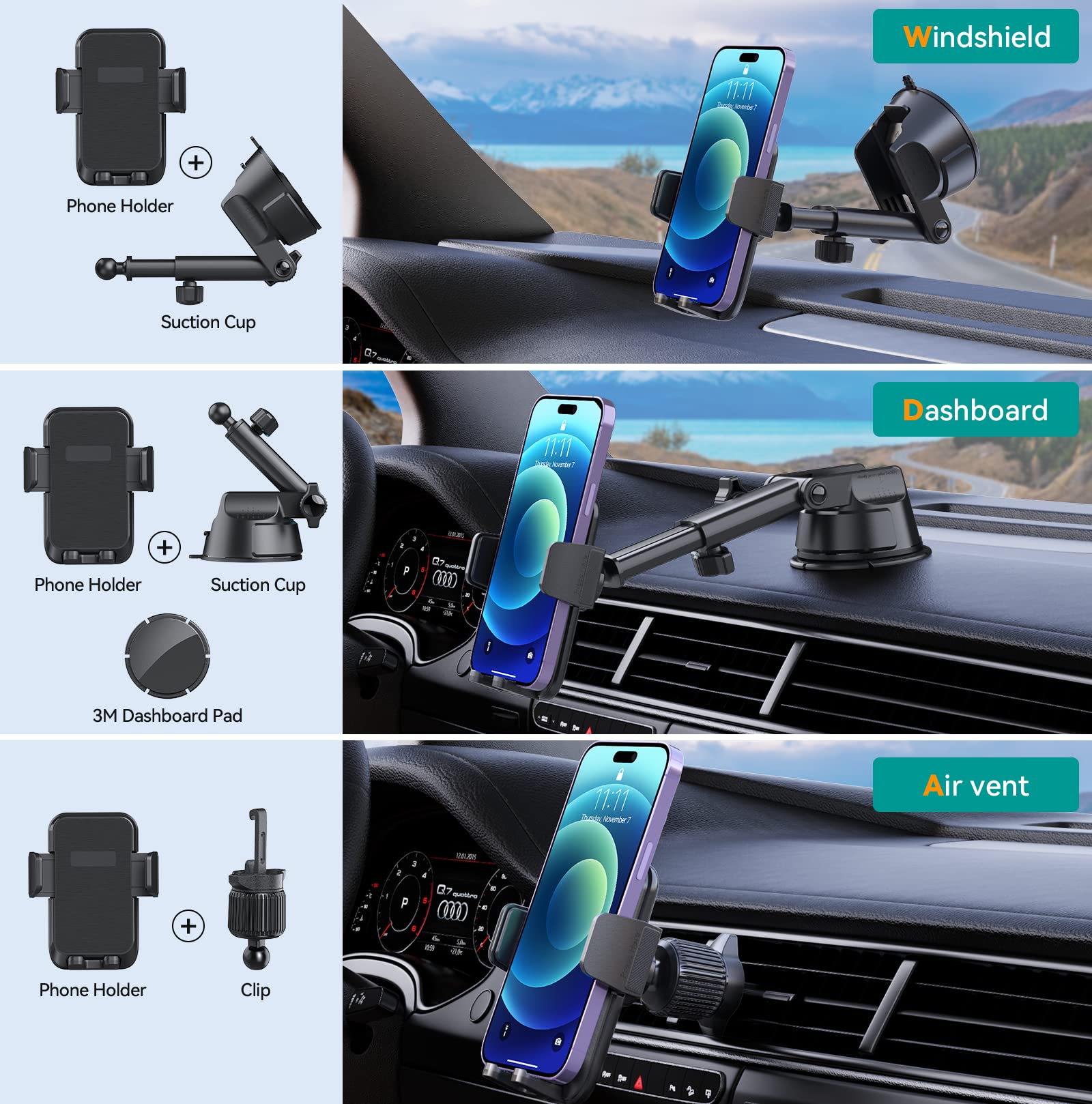 Dolyofg Car Phone Holder Mount, [Military-Grade Suction & Super Sturdy Base] 3 In 1 Universal Phone Mount For Car Dashboard Windshield Air Vent Car Mount For Iphone Android Smartphone Gps Navigator