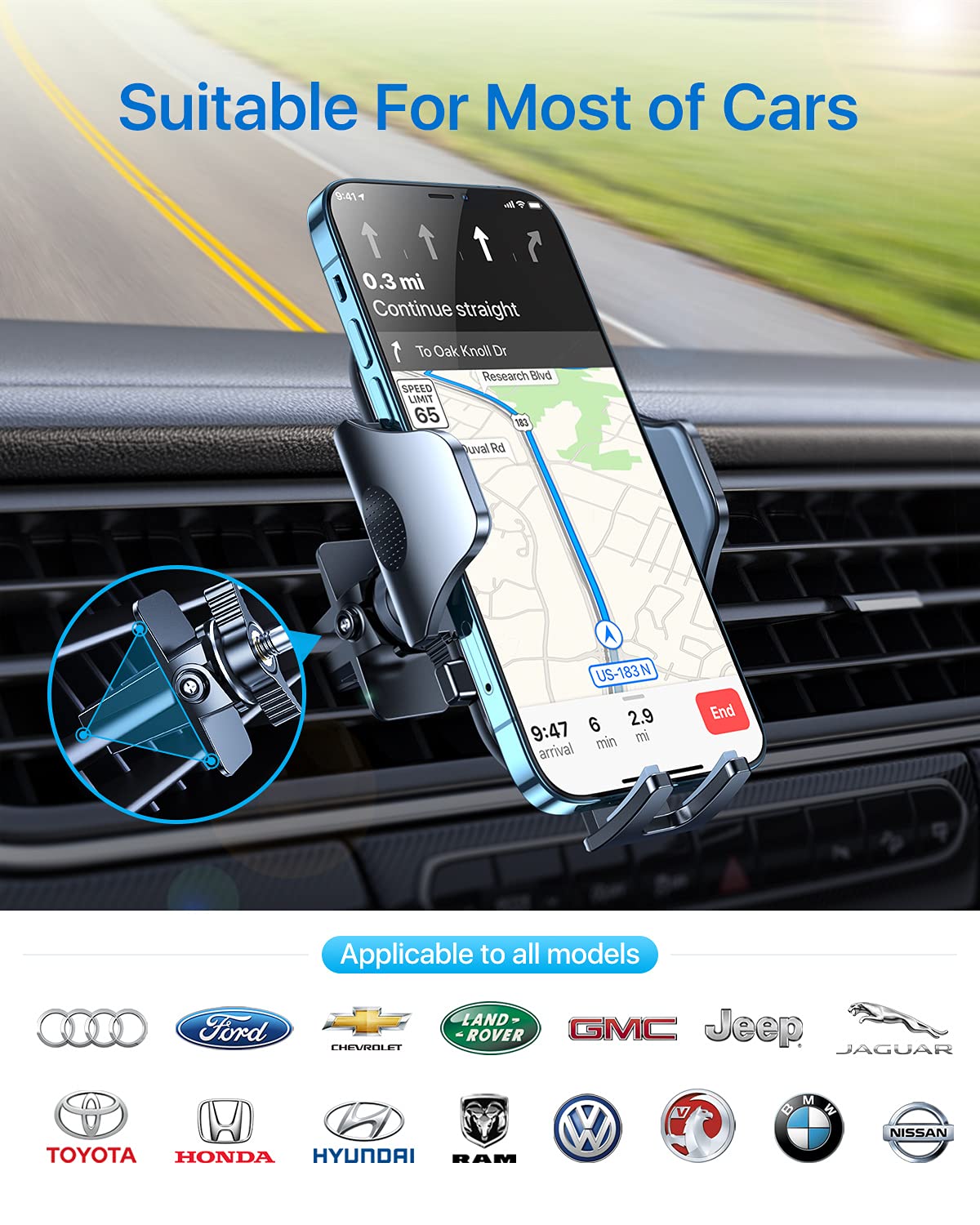 Andobil   Car Phone Holder Mount For Vent, Military Sturdy Metal Clip Air Vent Phone Holder For Your Car Easy Used Cell Phone Car Mount For Iphone 16 15 14 13 12 Pro Max Samsung S25 S24