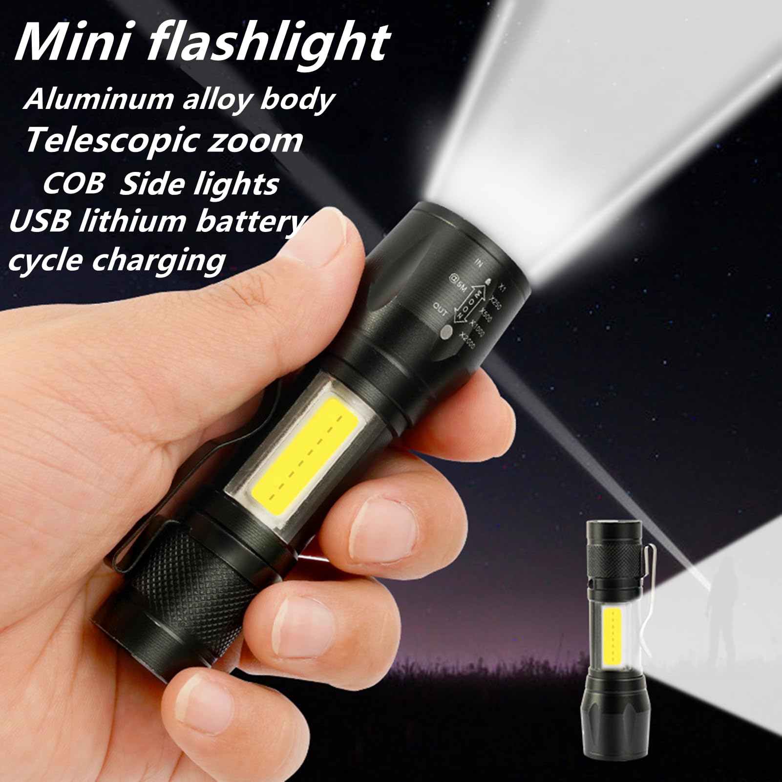 Shineunique Mini Flashlight High Lumens Rechargeable, Small Flashlights 3 Modes, Pocket Flashlight With Clip,Zoomable, Waterproof, Adjustable Brightness Flash,Camping, Hiking,Emergency (Mini A)