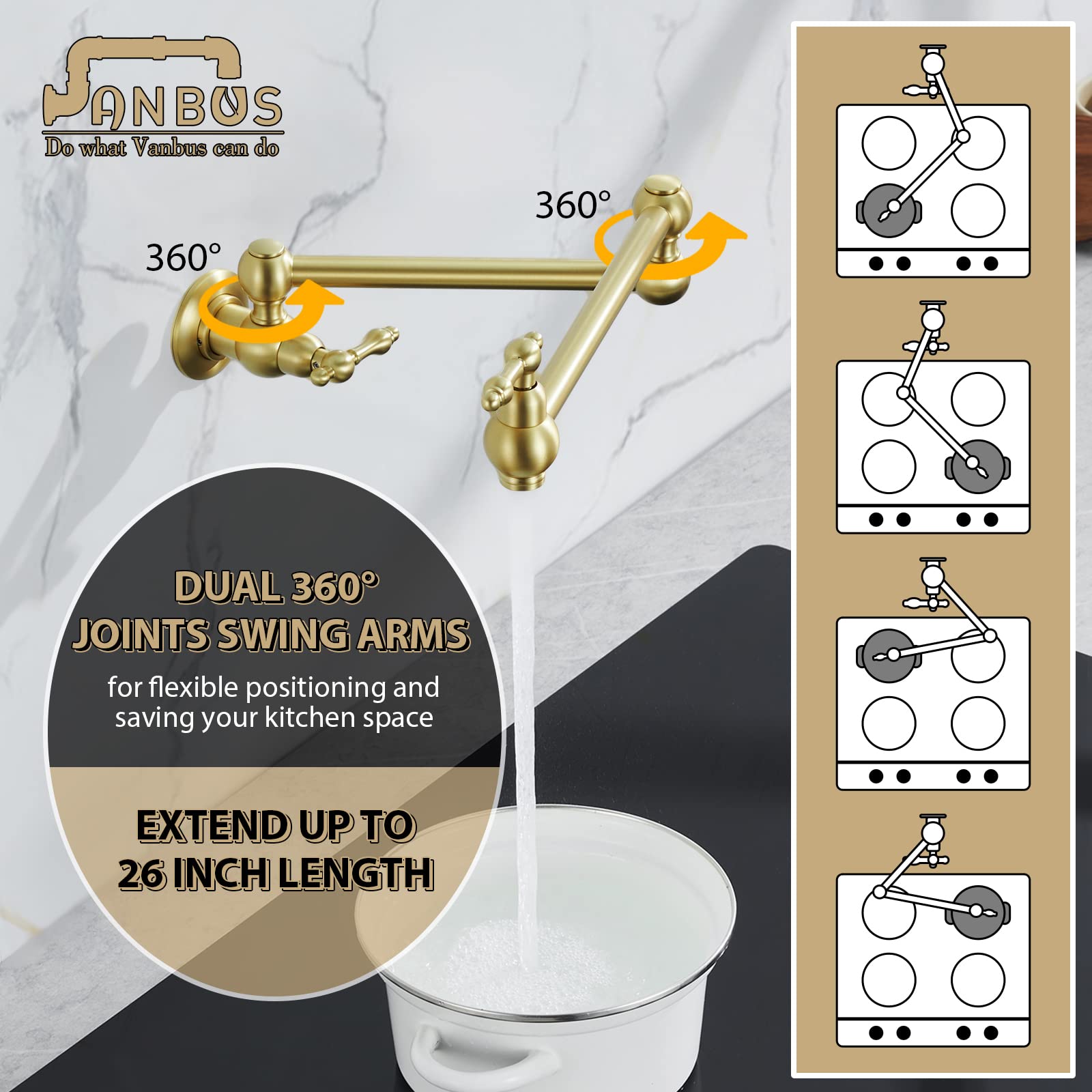 Vanbus Kitchen Pot Filler Faucet, Dual Valve Wall Mount Pot Filler Faucet, Potfiller, Two Handles Strechable Double Joint Swing Arms (Vintage, Brushed Gold)