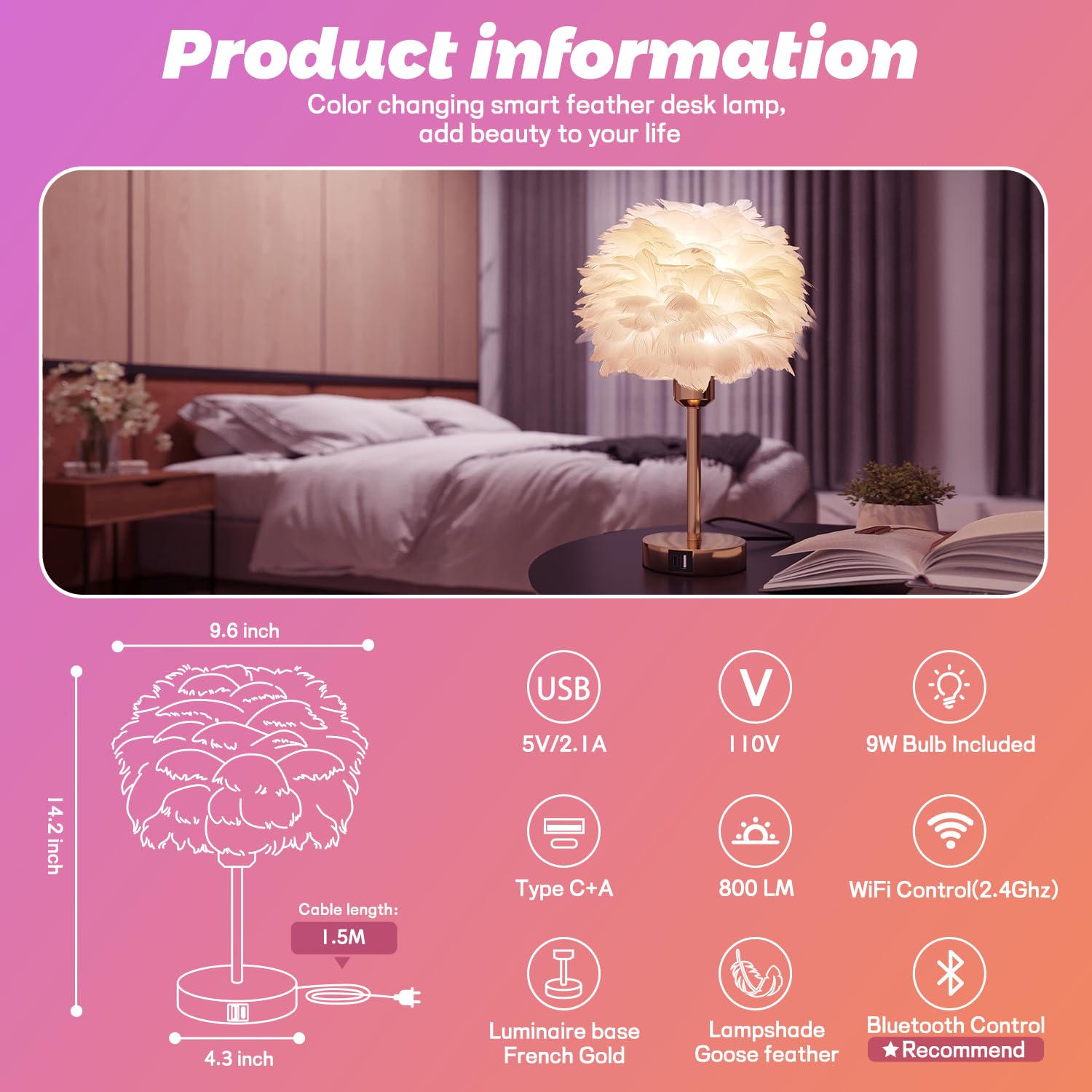 Nowepai Smart Bedside Table Lamp With Usb C+A Port, Touch Controlled, Alexa Compatible, 9W 800Lm Colored Dimmable Feather Gold Nightstand Lamp, Small Led Nightlight For Bedroom, Living Room, Office