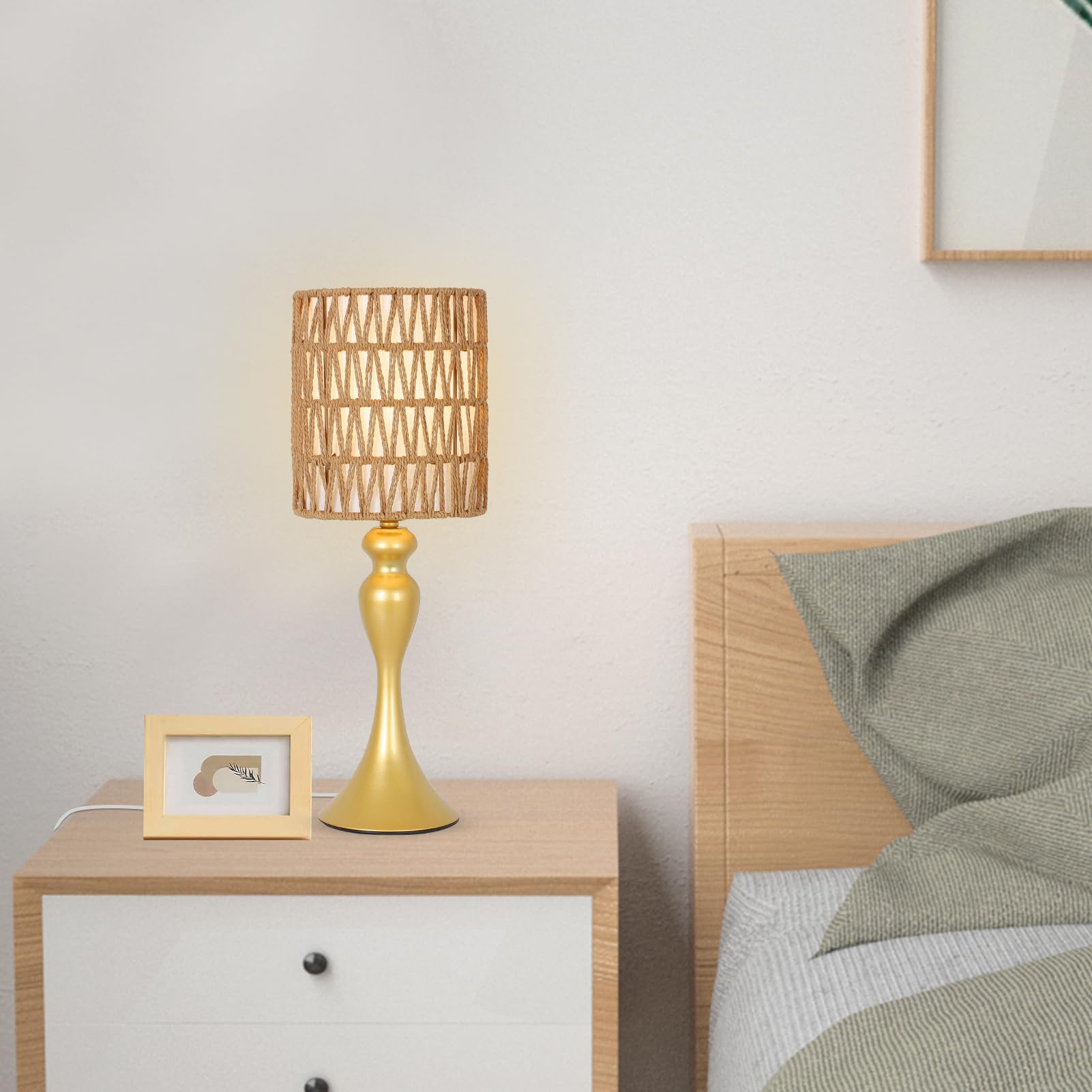 Eayaya Rattan Gold Table Lamp For Bedroom With Bulb, Boho Lamp For Night Stands, 3-Way Dimmable Touch Control Bedside Lamps, Mini Small Desk Lamp With Fabric Shade, Accent Side Table Lamp, Nightstand Lamp