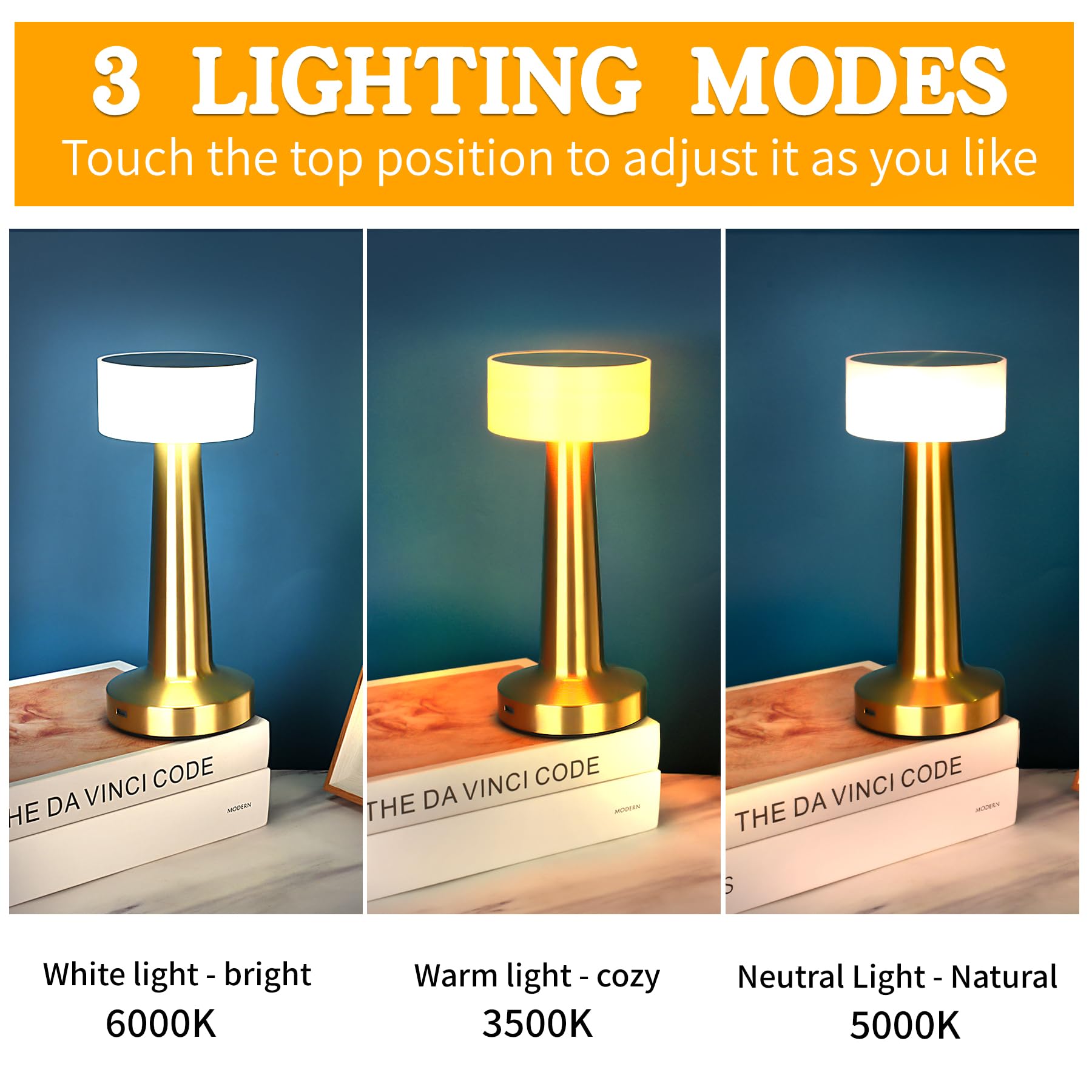 Rtuosxui Led Lamps For Nightstand With Touch Sensor,3 Modes, Stepless Dimming,Portable Rechargeable Cordless Desk Lamp,Suitable For Kids Nursery,Restaurants, Terraces, Hotels,Bedroom Lamps