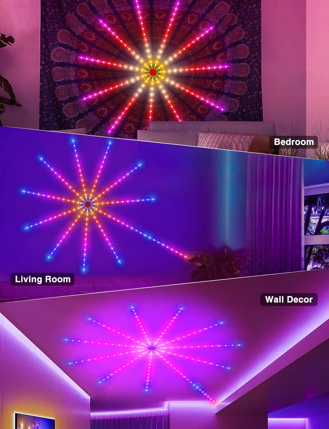 Maticod Smart Firework Led Lights Usb Powered Room Decor, Color Changing Fireworks Led Lights For Bedroom With Launch Burst Effect, Rgb Led Strip Lights Remote App Control For Year Party Decor