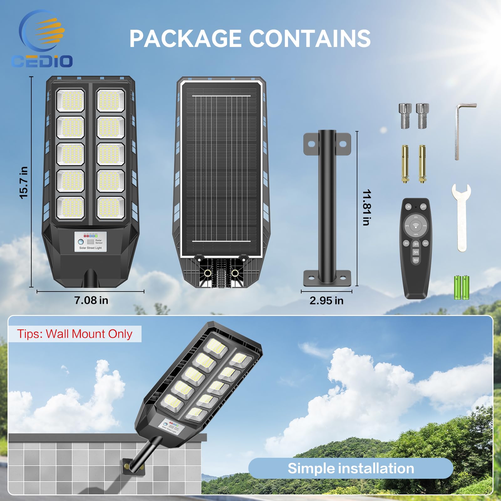 Cedio Solar Lights Outdoor Waterproof, Ip66 Solar Street Lights Outdoor, 6500K Led Street Light Dusk To Dawn With Motion Sensor, Security Flood Light For Parking Lot, 2Pack