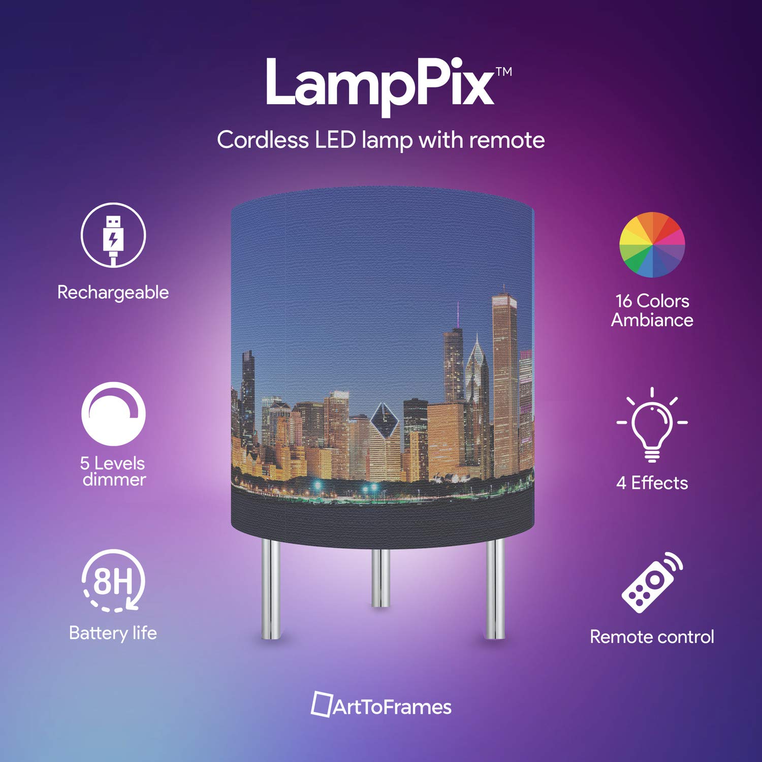 Lamppix Led Desk Lamp Chicago Skyline Canvas Printed Table Light Comes With 16 Color Rechargeable Light Bulb With 5 Level Dimmer And Remote Control And Chrome Standoffs. Made In The Usa