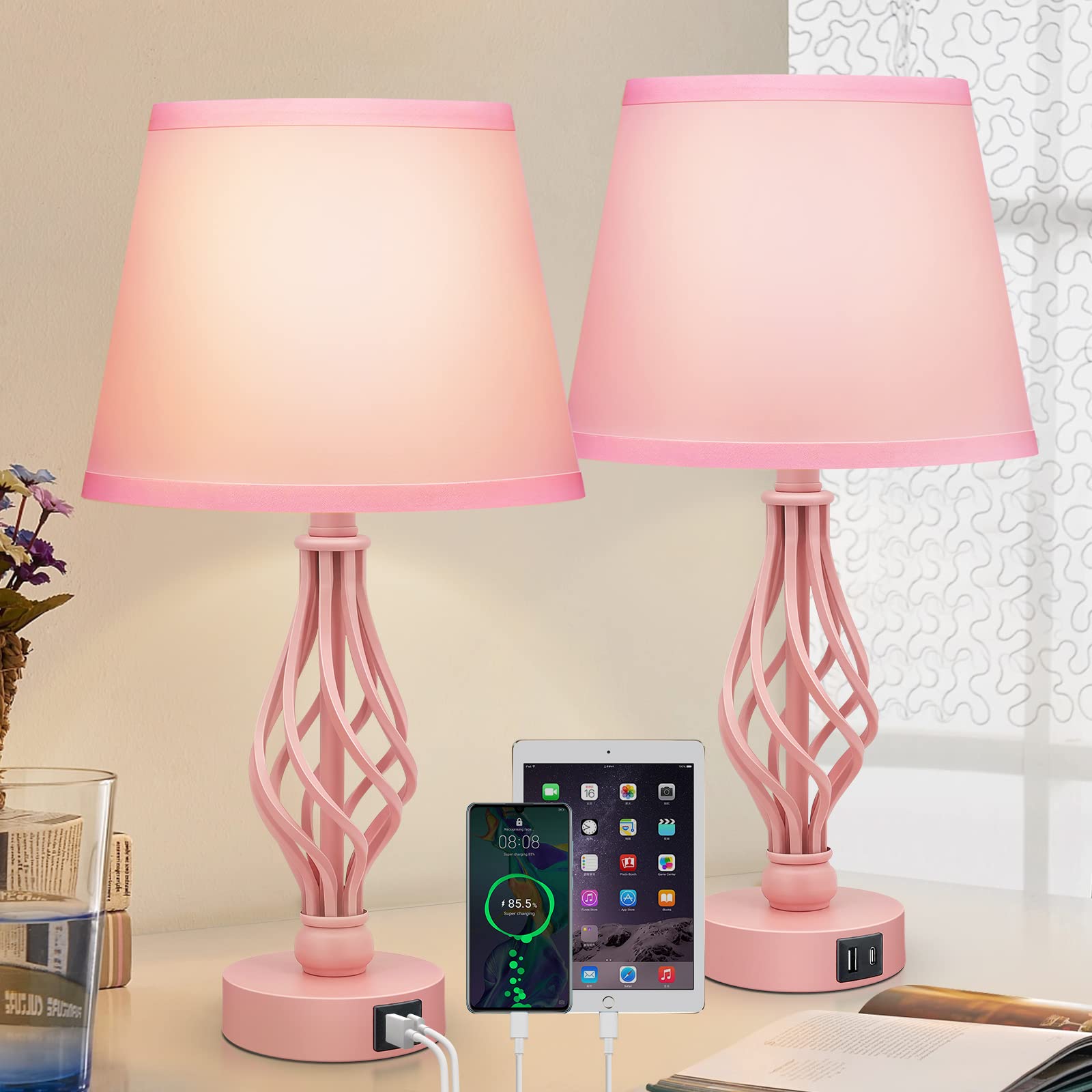 Wiomonrew Touch Table Bedside Lamps Set Of 2, Nightstand Bedside Nightstand Lamps With Usb Type-C Ports, Girls Desk Lamp For Living Room Bedroom Side Table (Pink)